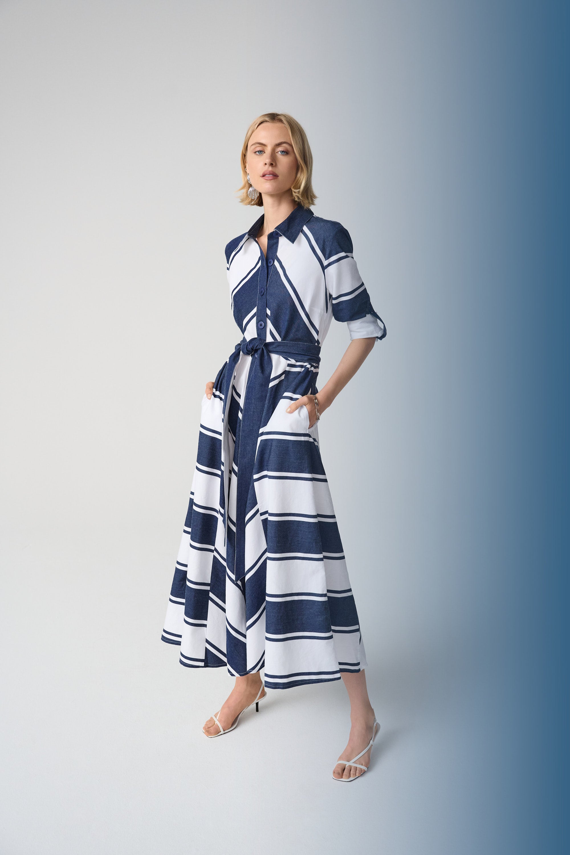 Joseph Ribkoff Stripe Fit & Flare Shirt Dress 261936 - Navy/ White