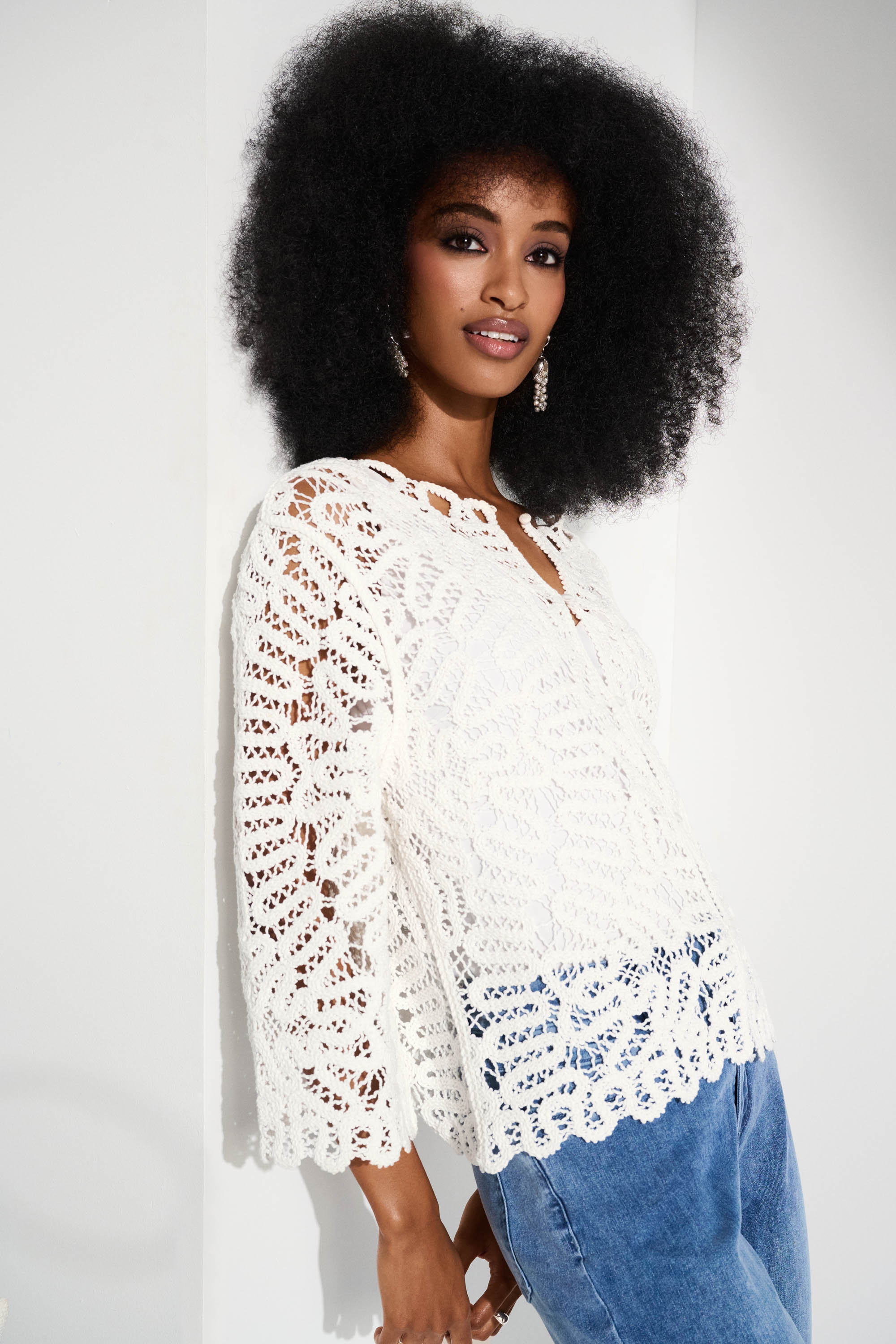 Joseph Ribkoff Crochet Sweater Cover-Up 252905 - Vanilla