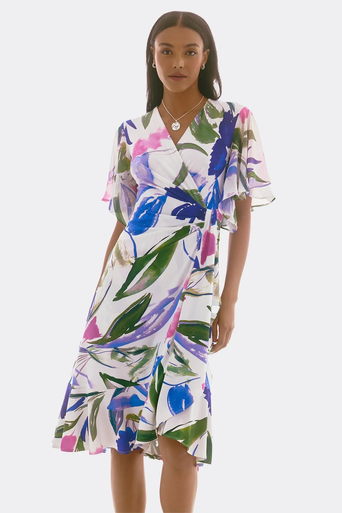 Joseph Ribkoff Flutter Sleeve Wrap Dress 251707 - White/ Multi