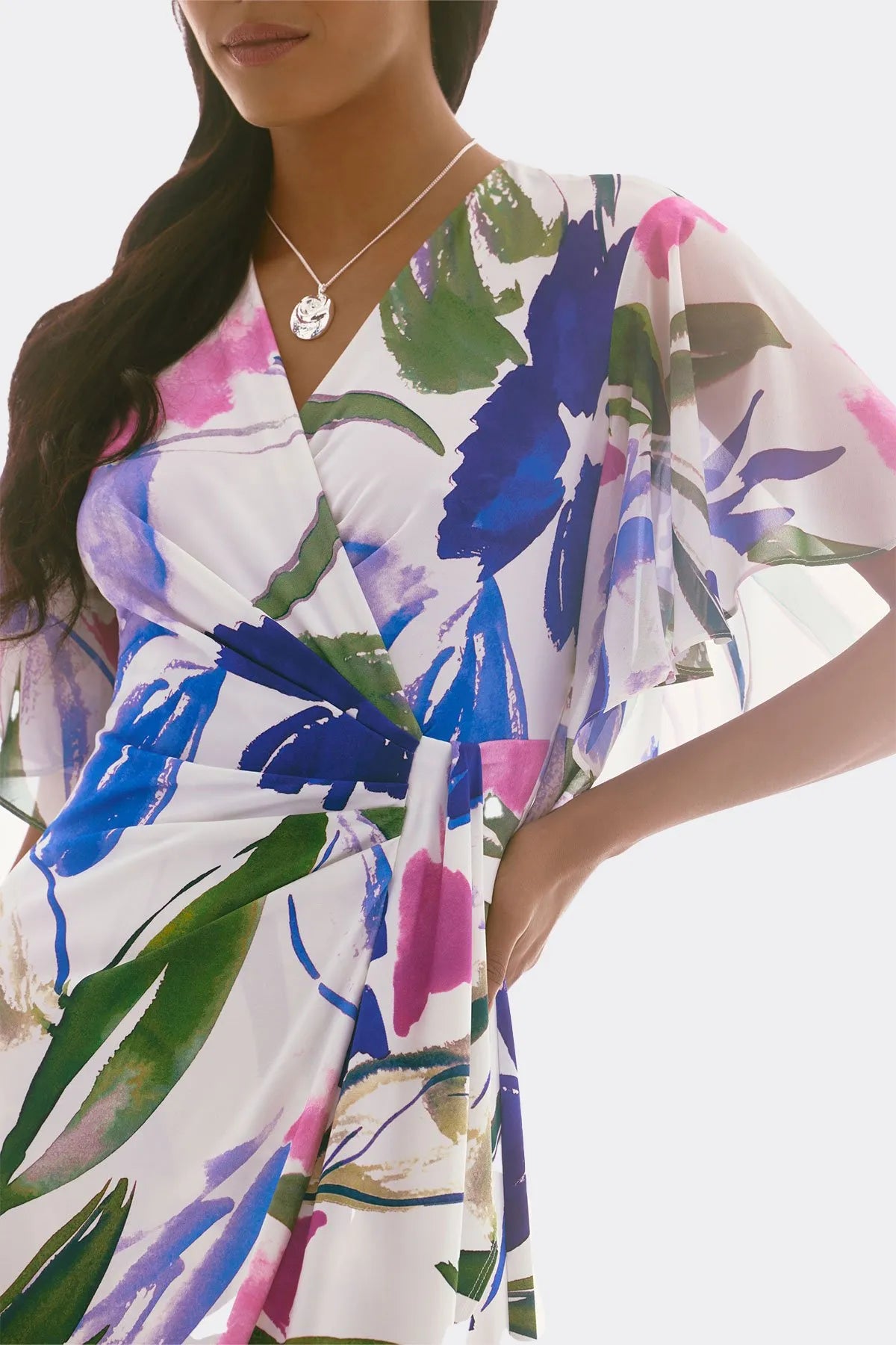 Joseph Ribkoff Flutter Sleeve Wrap Dress 251707 - White/ Multi