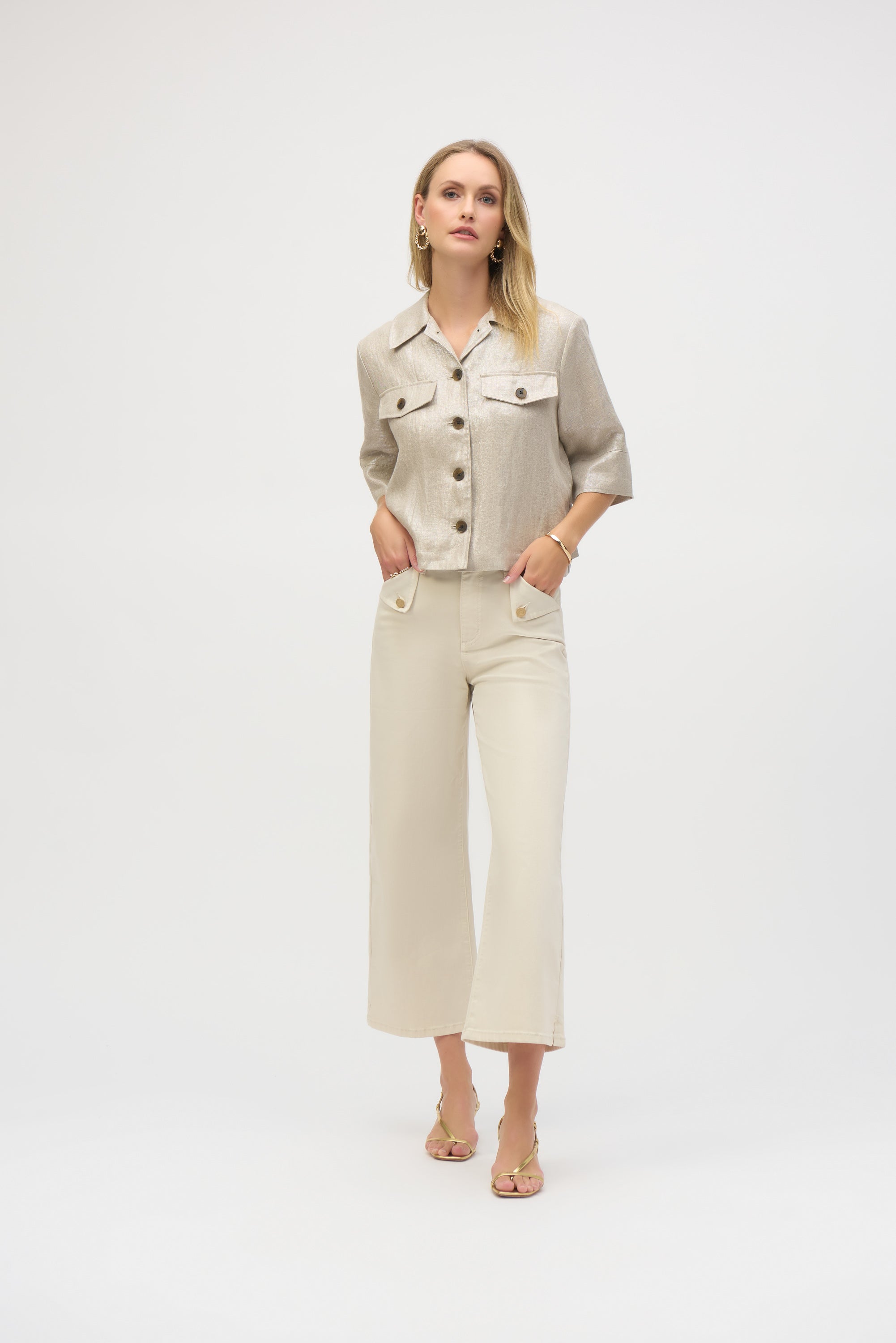 Joseph Ribkoff Foiled Linen Blend Boxy Jacket 252921 - Champagne