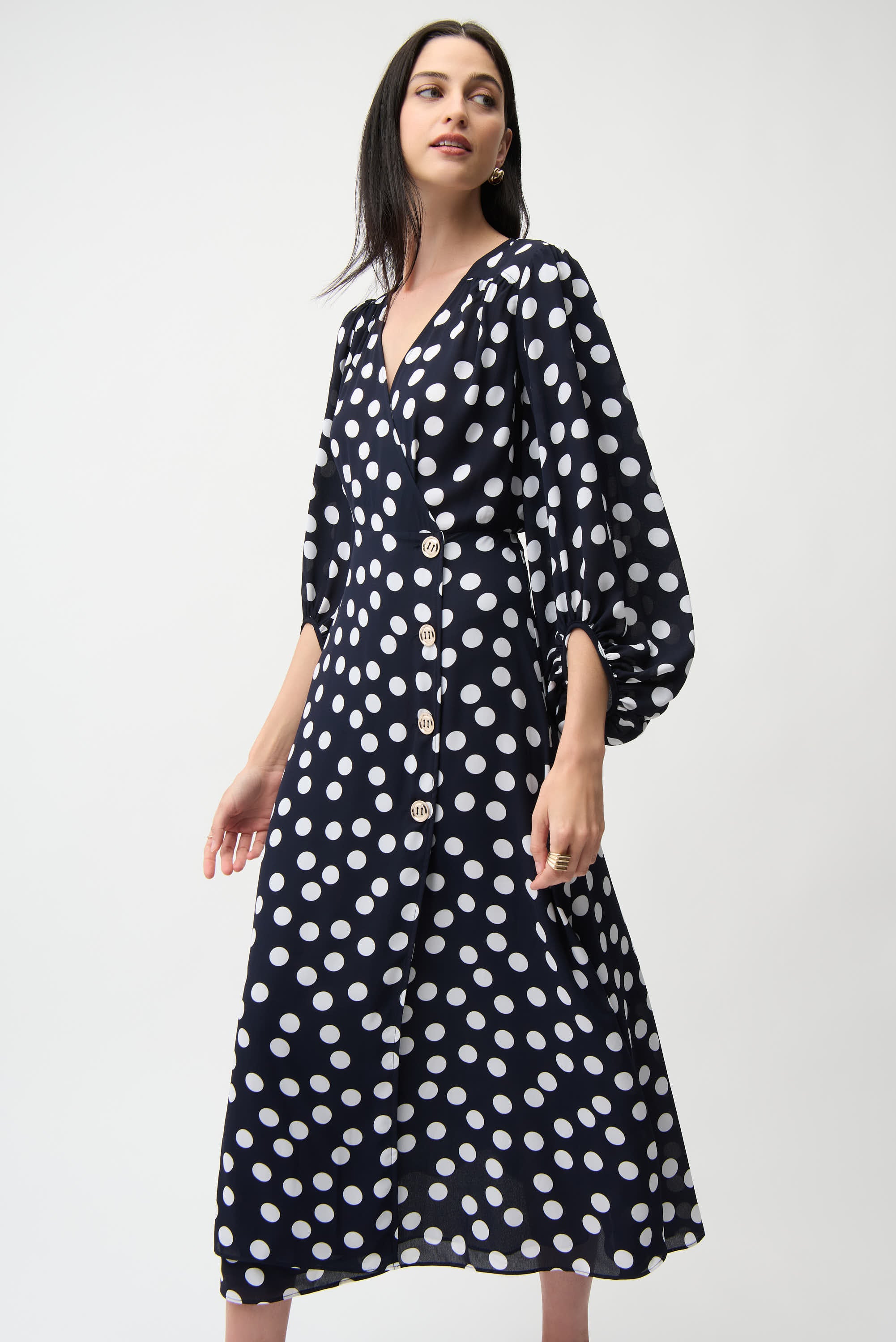 Joseph Ribkoff Georgette Dot Print Dress 261901 - Midnight Blue/ Vanilla
