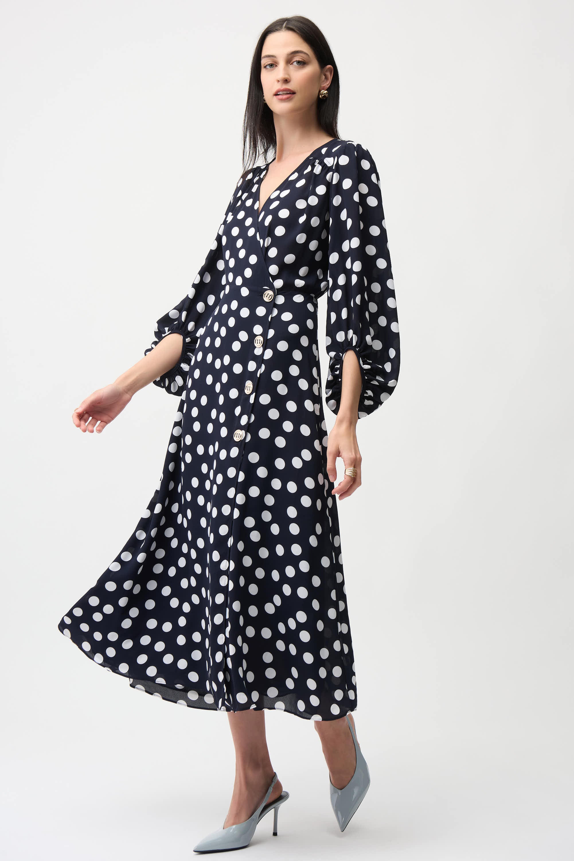 Joseph Ribkoff Georgette Dot Print Dress 261901 - Midnight Blue/ Vanilla