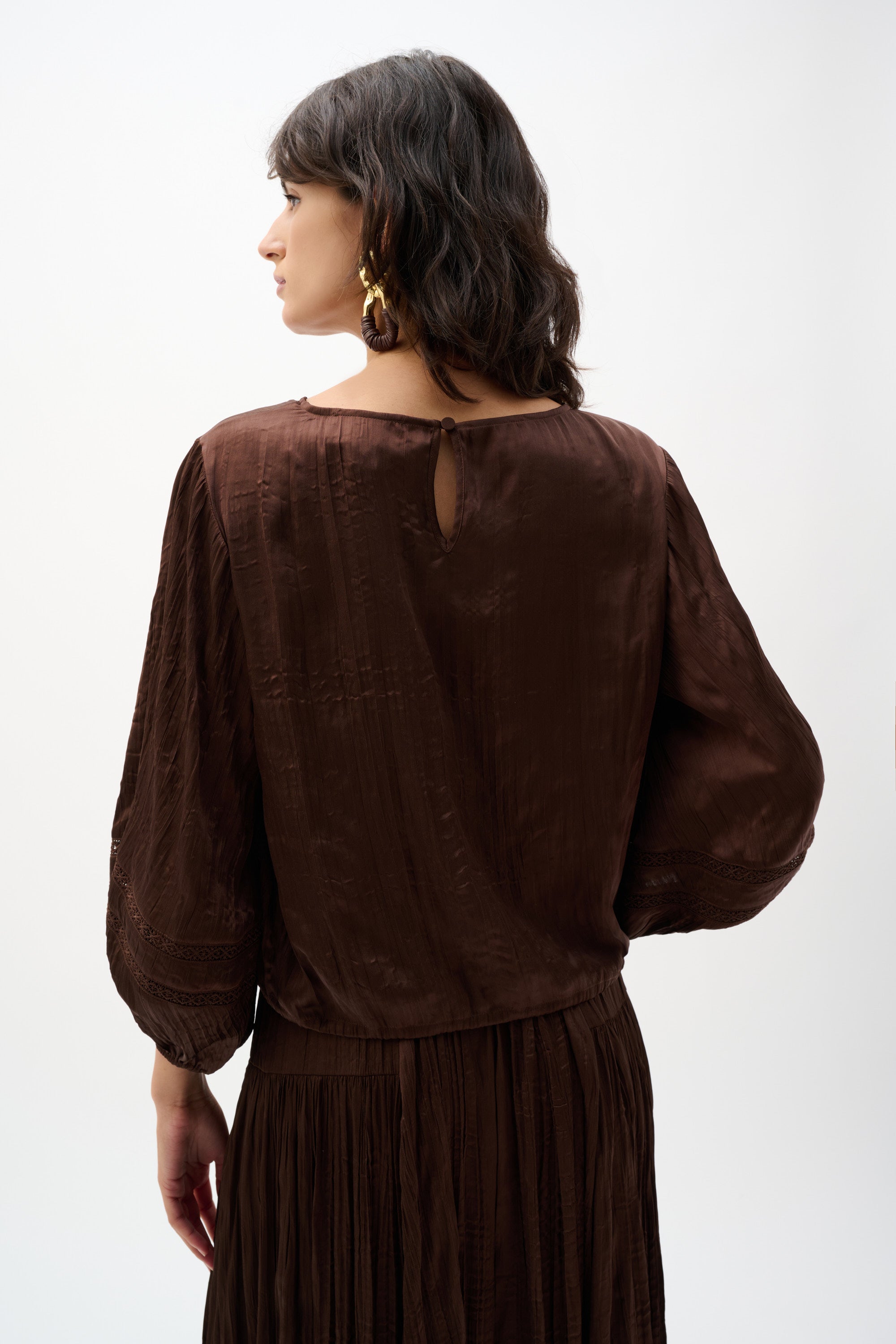 Joseph Ribkoff Pleated Satin Cocoon Top 262959 - Mahogany