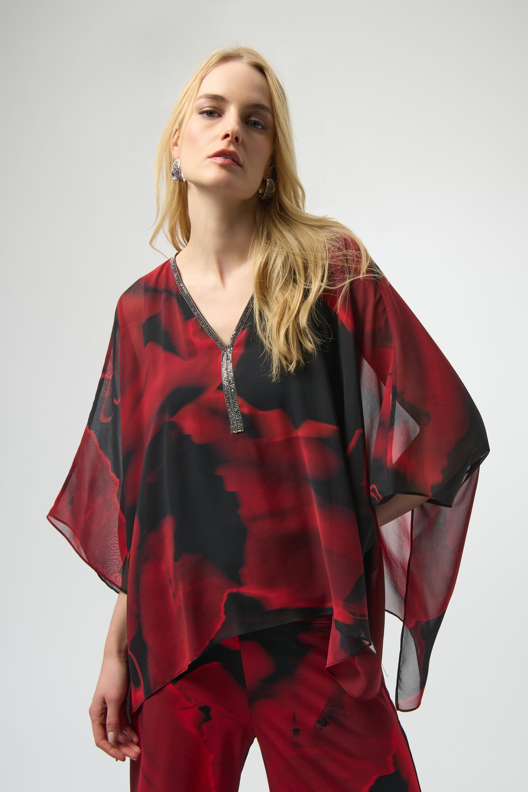 Joseph Ribkoff Chiffon Abstract Print Poncho Top 254090 - Black/ Red