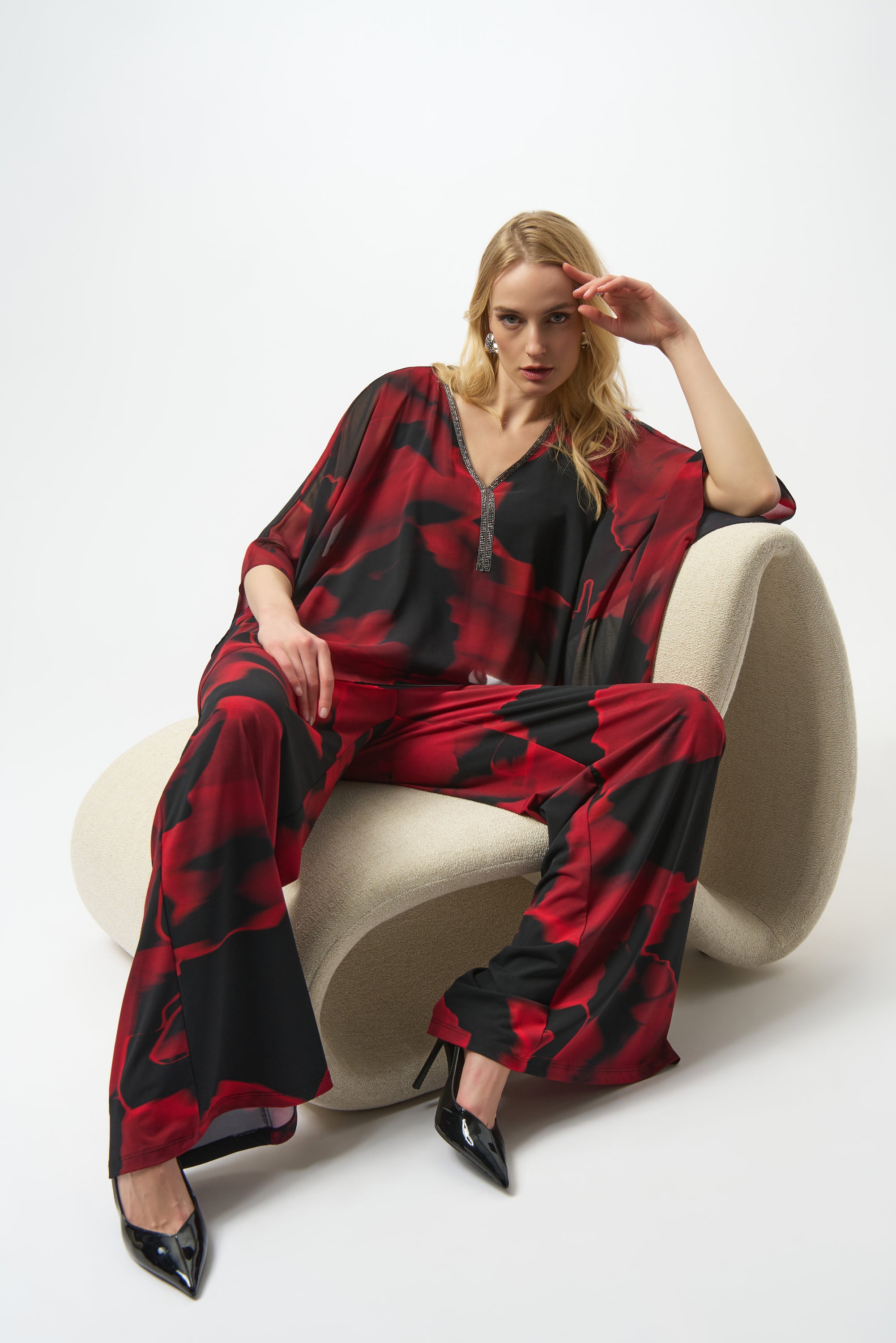Joseph Ribkoff Chiffon Abstract Print Poncho Top 254090 - Black/ Red