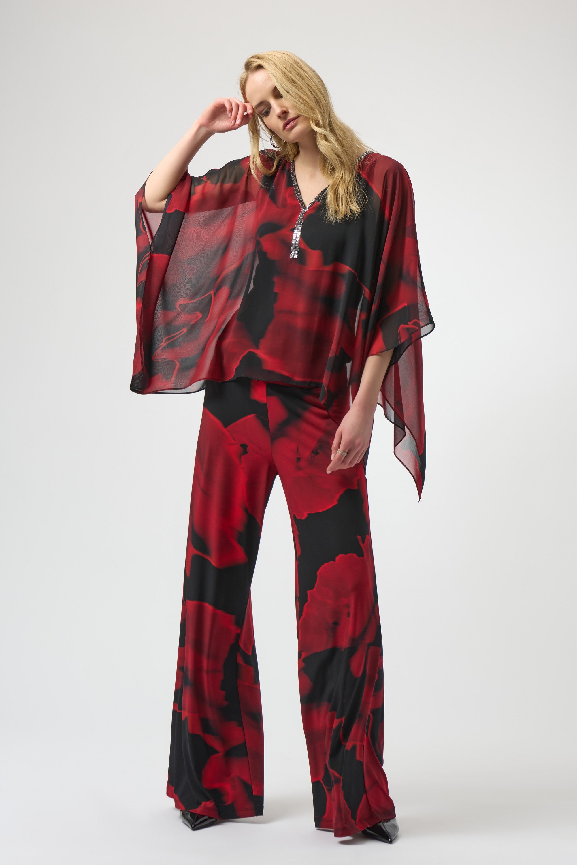 Joseph Ribkoff Chiffon Abstract Print Poncho Top 254090 - Black/ Red