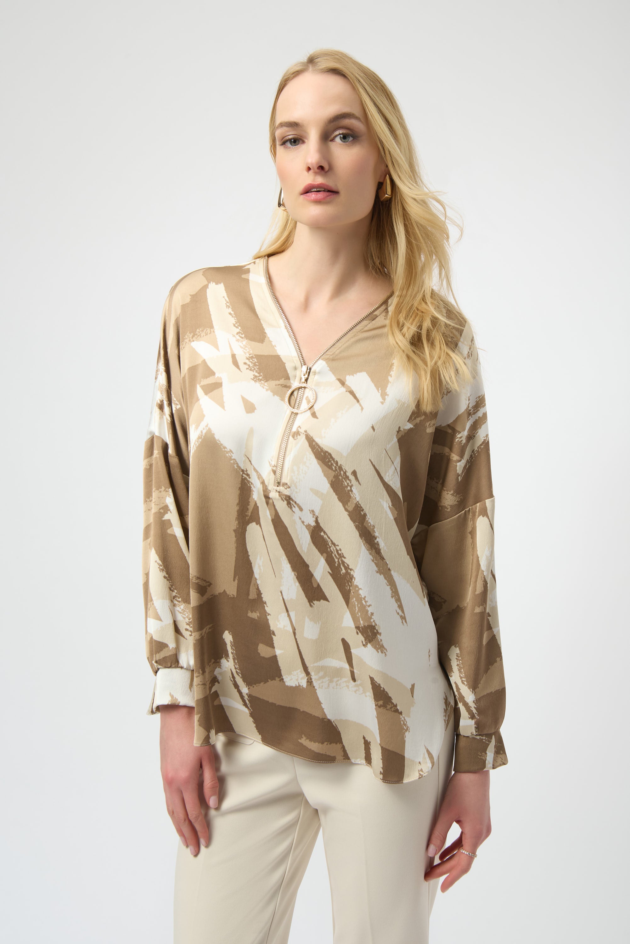 Joseph Ribkoff Abstract Print Tunic Blouse 254193 - Beige/ Off White