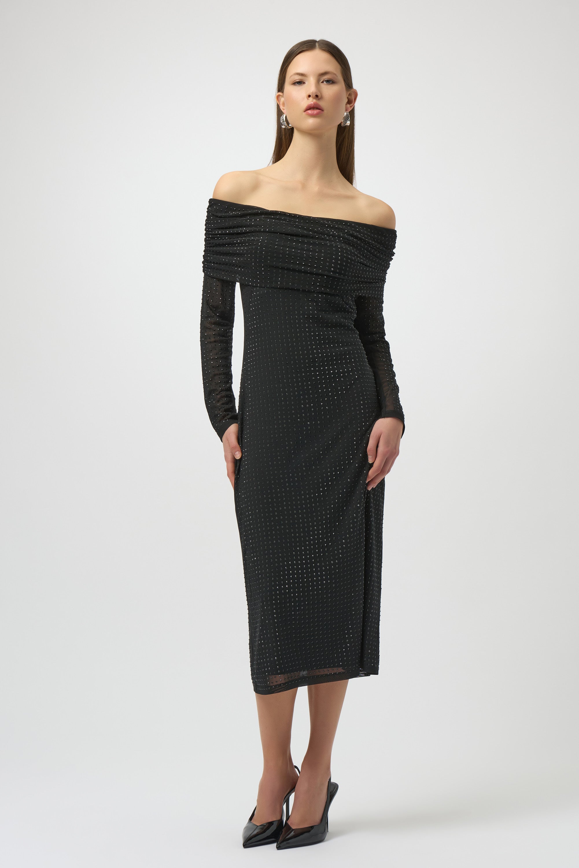 Joseph Ribkoff Rhinestone Mesh Off Shoulder Midi Dress 254913 - Black