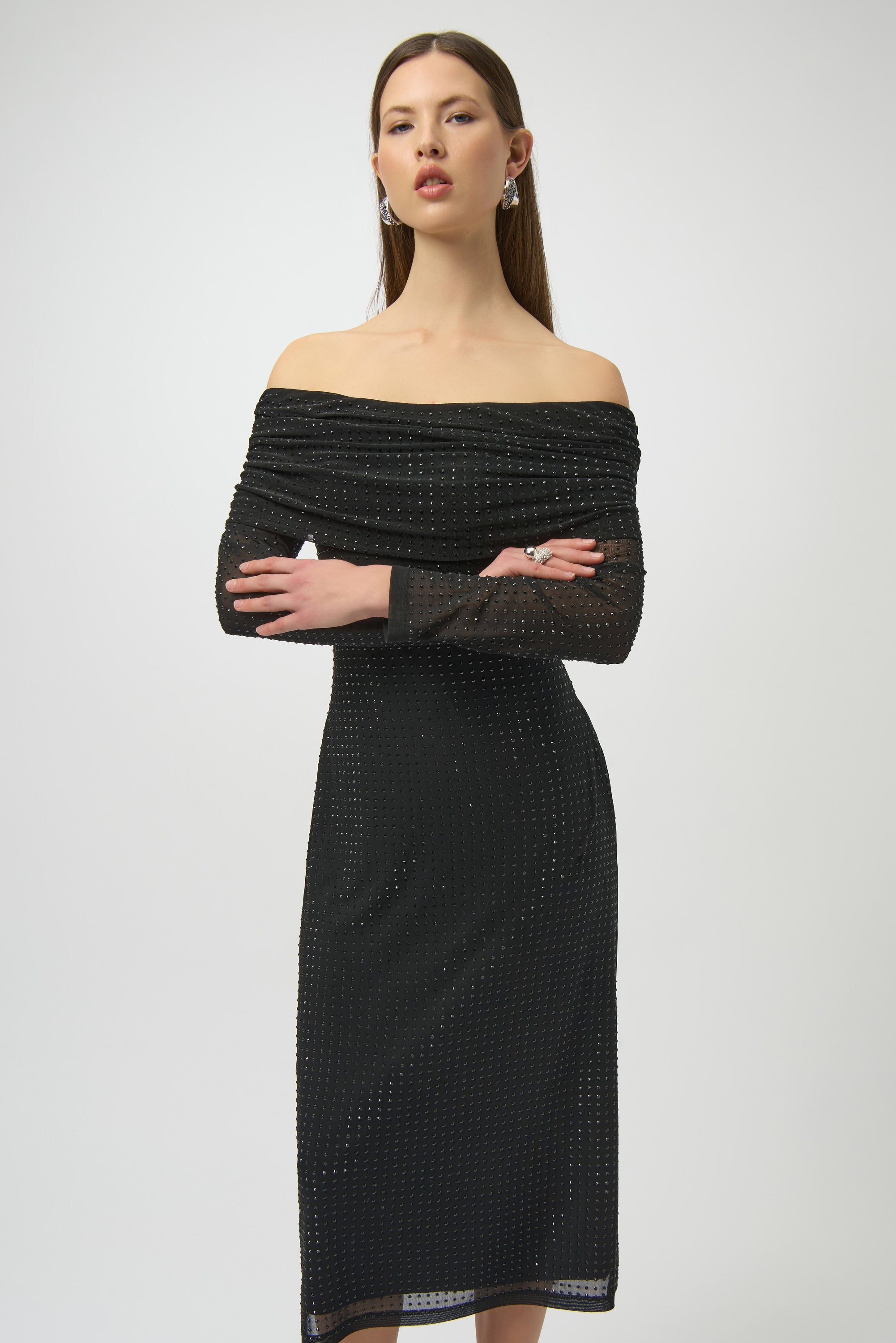 Joseph Ribkoff Rhinestone Mesh Off Shoulder Midi Dress 254913 - Black
