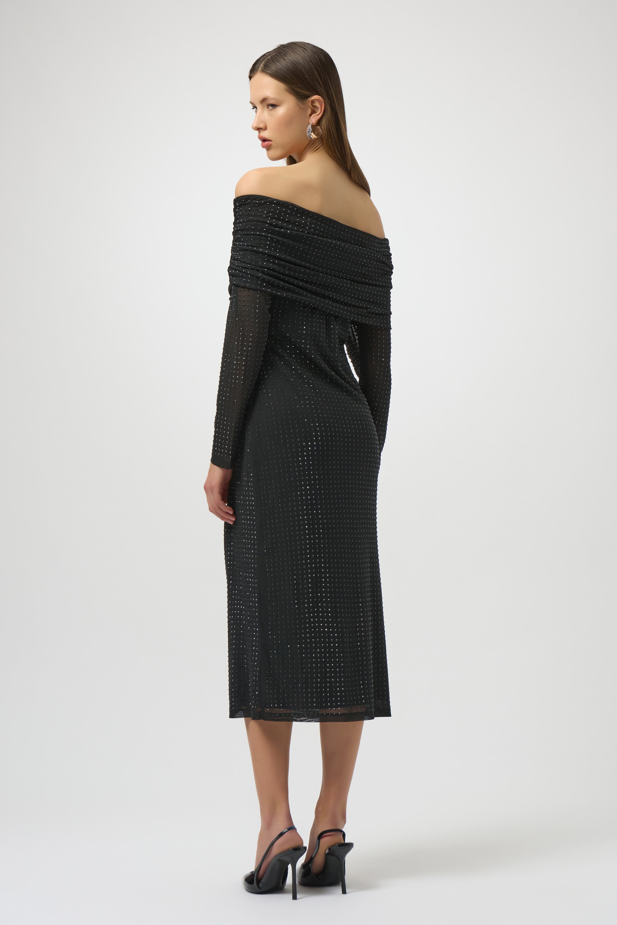 Joseph Ribkoff Rhinestone Mesh Off Shoulder Midi Dress 254913 - Black