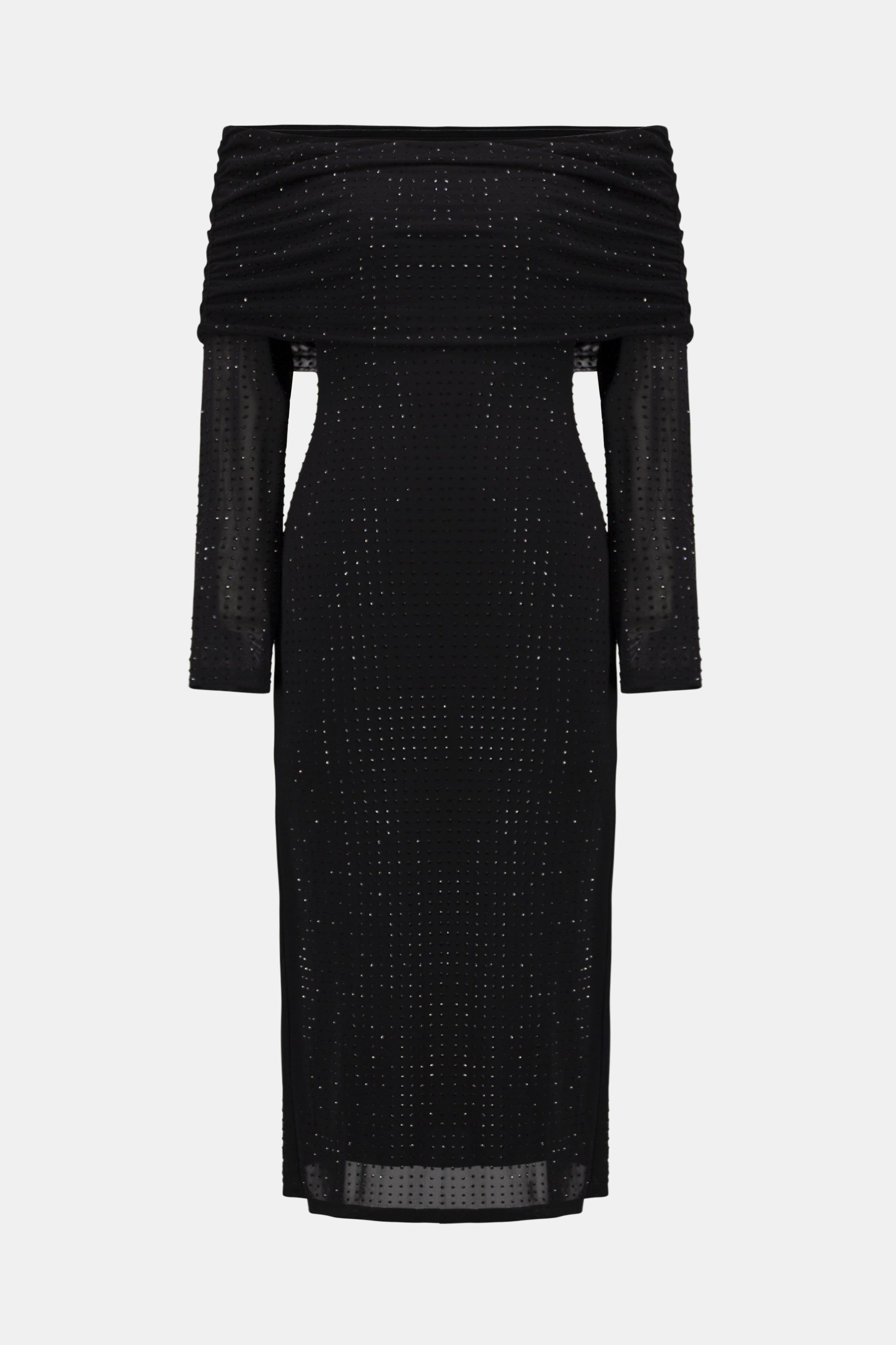 Joseph Ribkoff Rhinestone Mesh Off Shoulder Midi Dress 254913 - Black