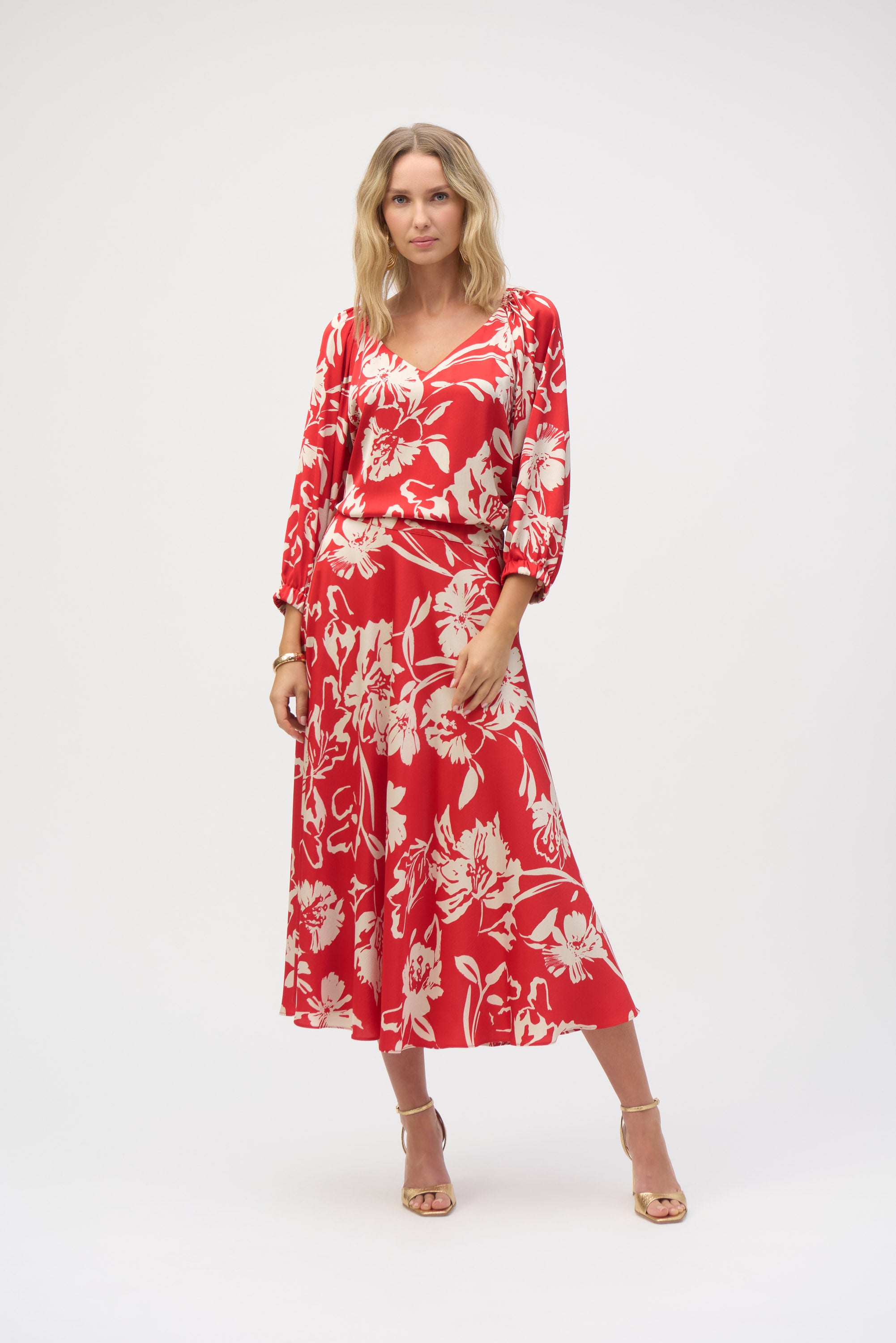 Joseph Ribkoff Satin Floral Print A-Line Skirt 252176 - Red/ Cream