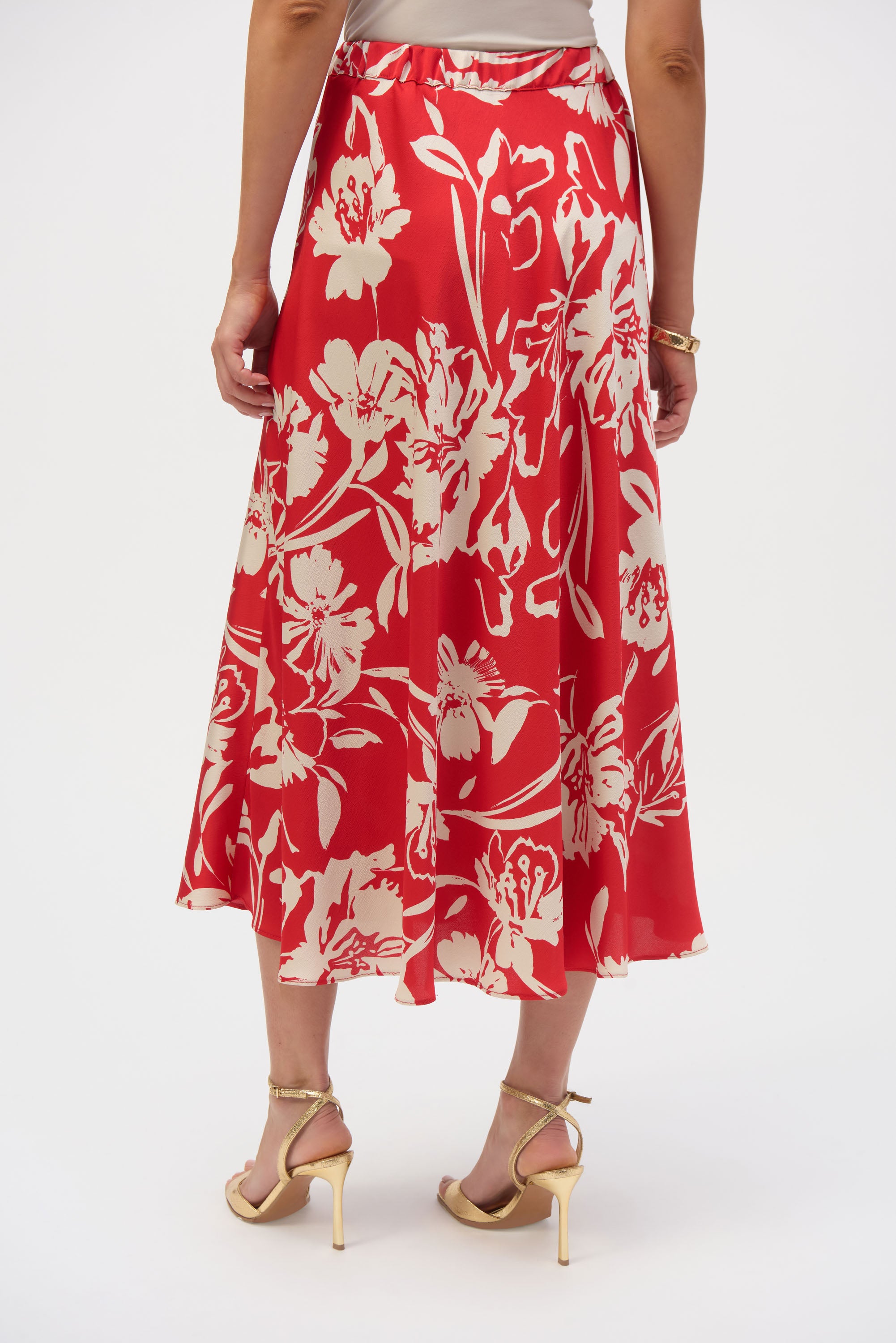Joseph Ribkoff Satin Floral Print A-Line Skirt 252176 - Red/ Cream