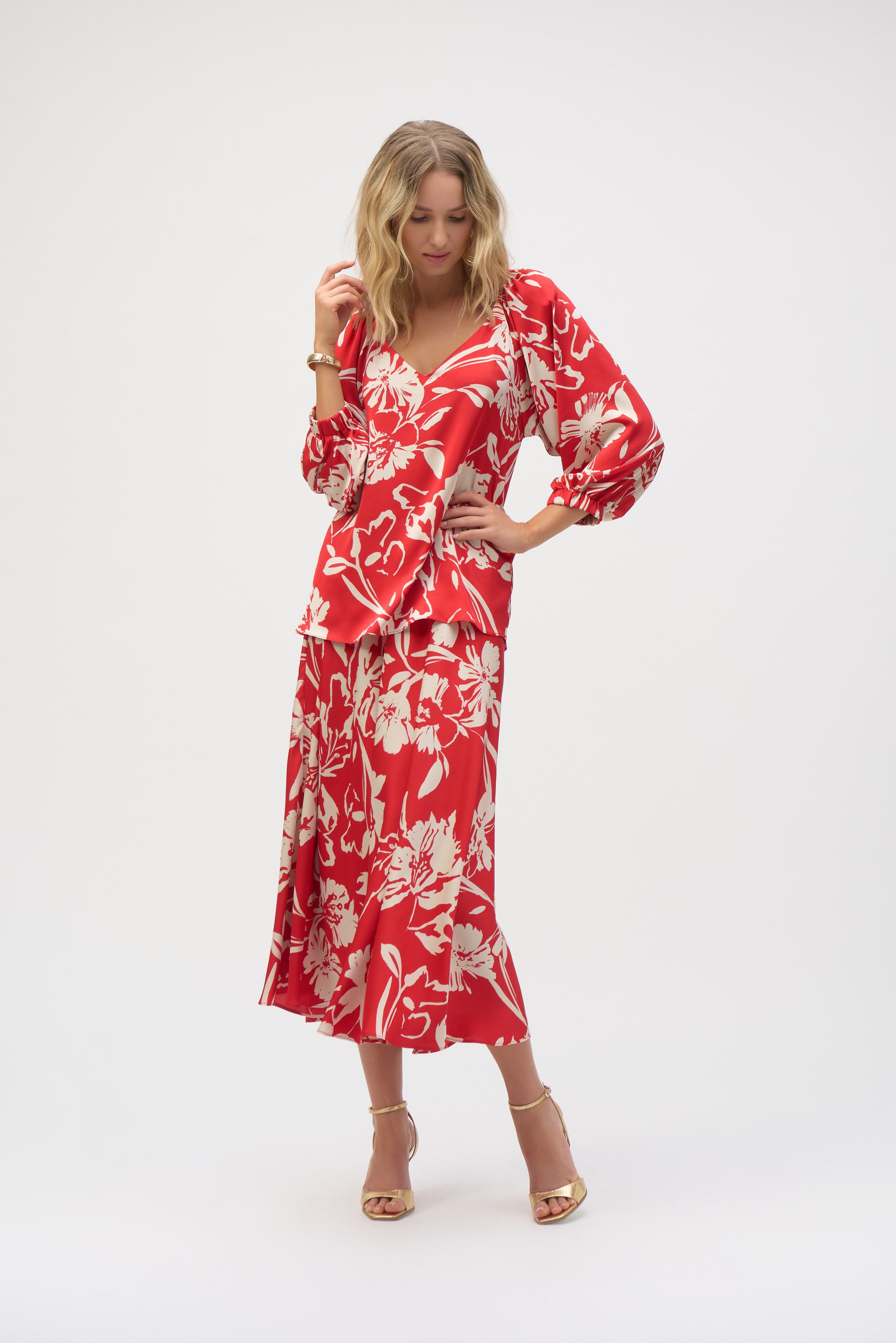 Joseph Ribkoff Satin Floral Print Top 252119 - Red/ Cream