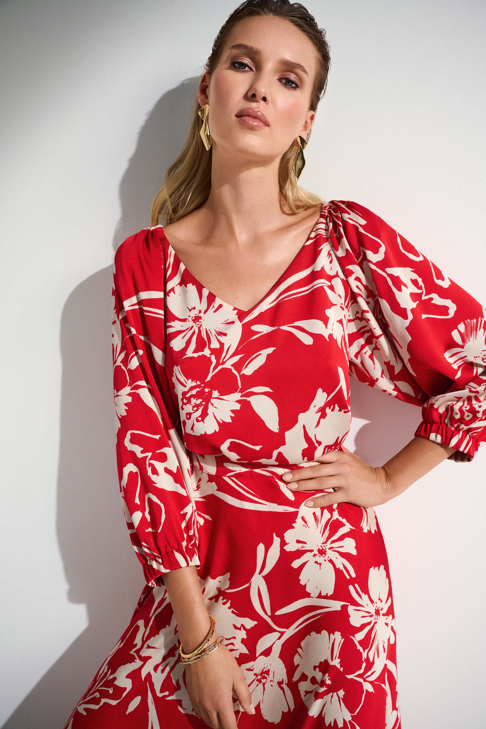 Joseph Ribkoff Satin Floral Print Top 252119 - Red/ Cream