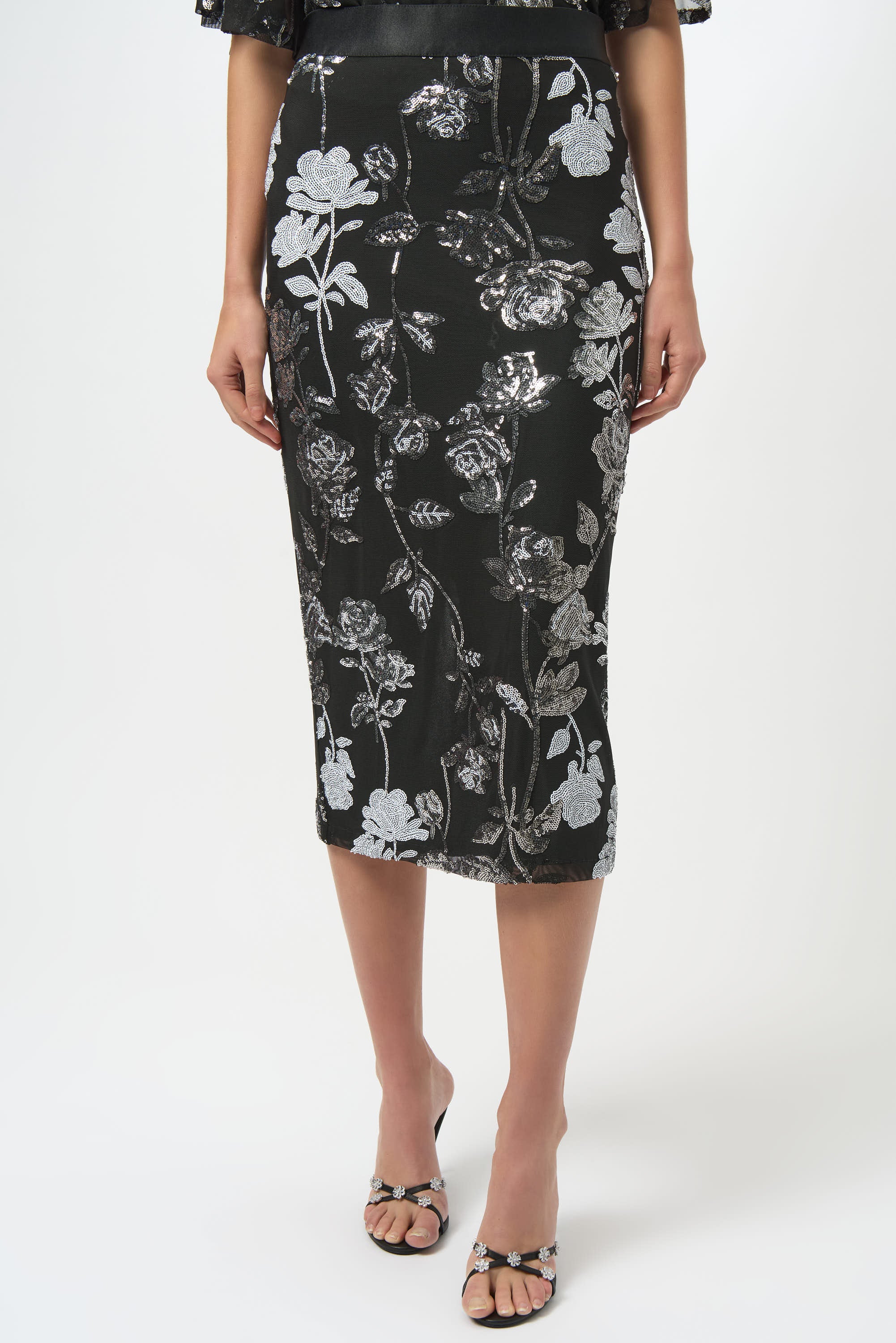 Joseph Ribkoff Sequin Embroidered Floral Print Pencil Skirt 254182 - Black/ Multi