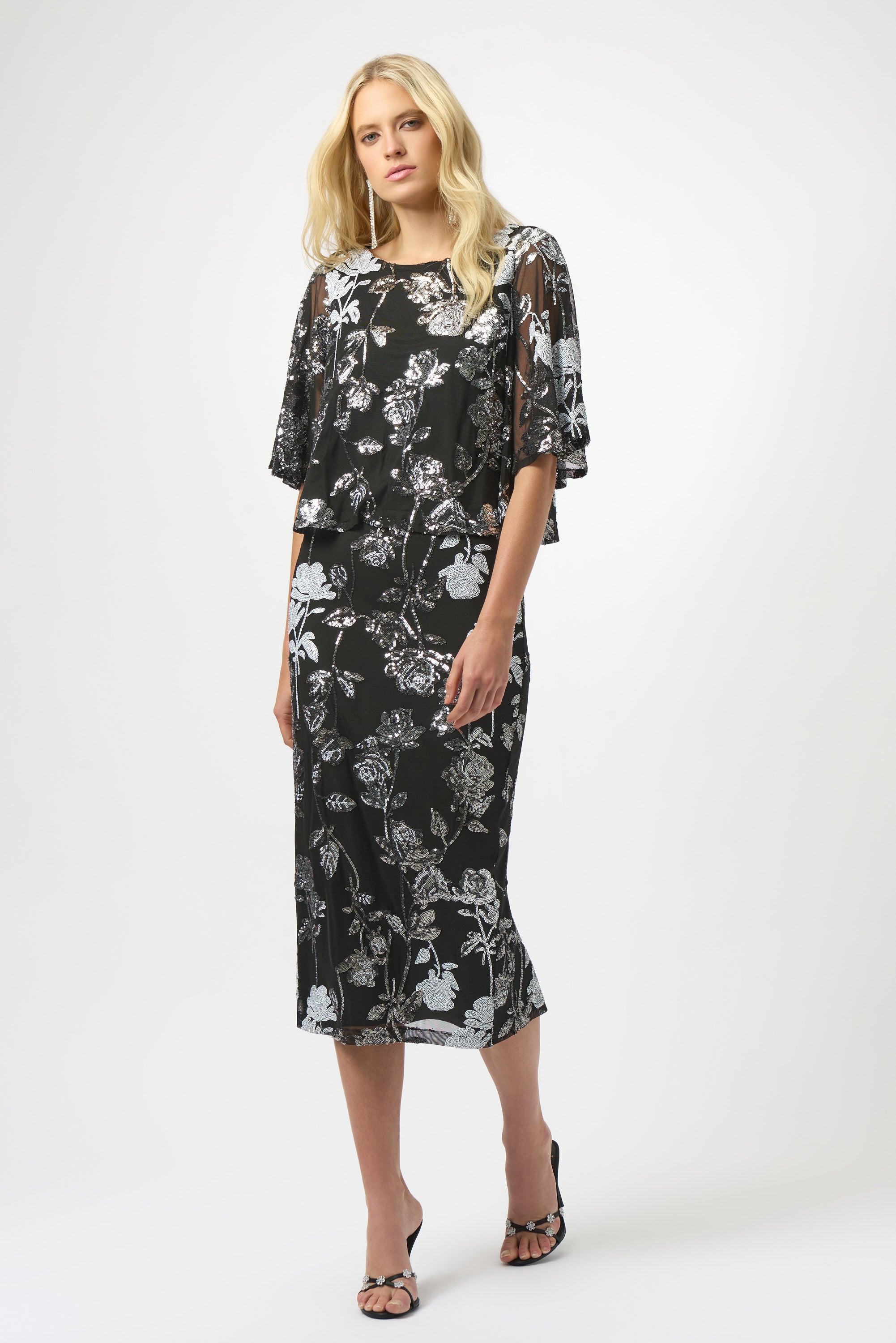Joseph Ribkoff Sequin Embroidered Floral Print Pencil Skirt 254182 - Black/ Multi