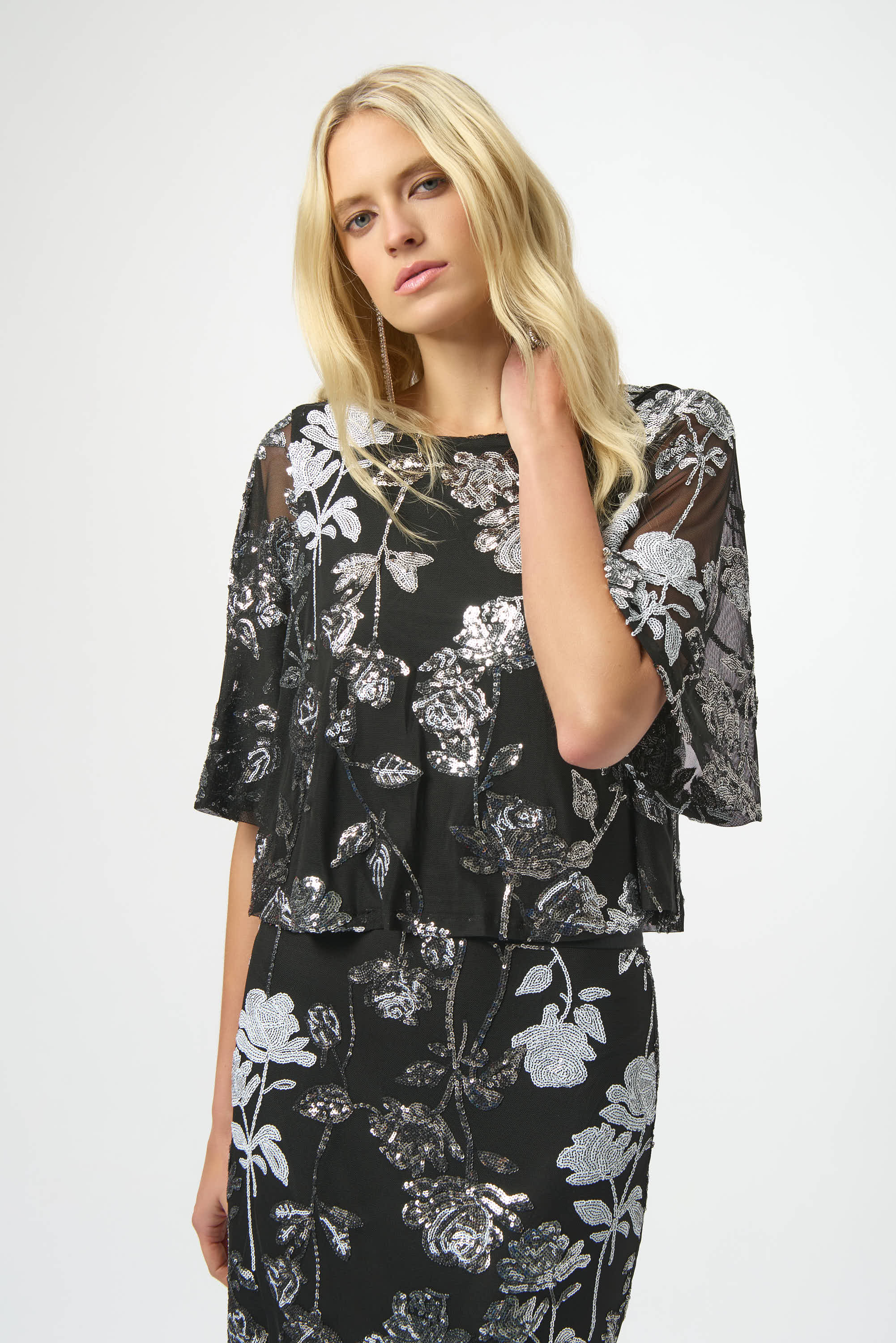 Joseph Ribkoff Sequin Embroidered Floral Print Boxy Top 254181 - Black/ Multi