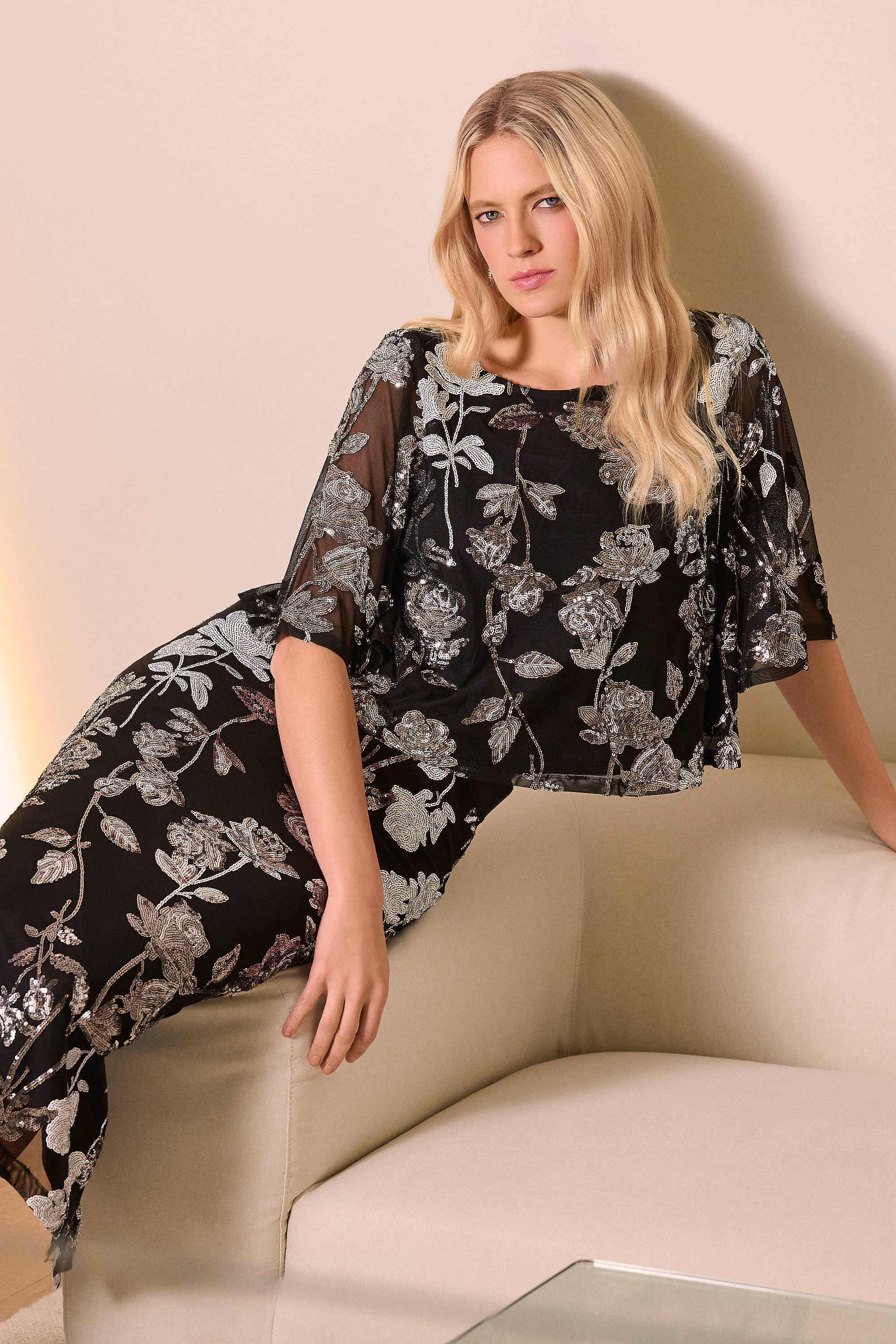 Joseph Ribkoff Sequin Embroidered Floral Print Boxy Top 254181 - Black/ Multi