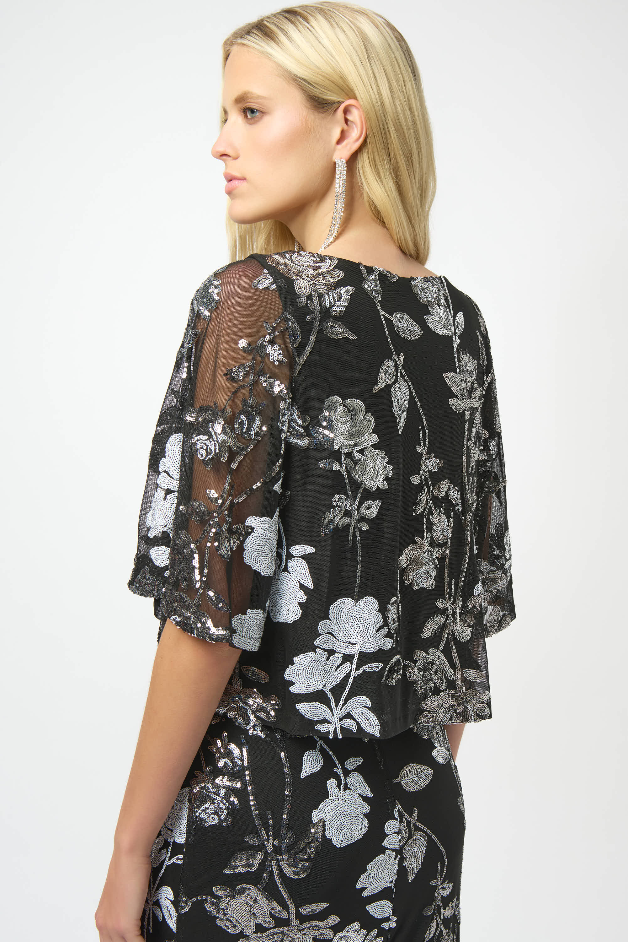 Joseph Ribkoff Sequin Embroidered Floral Print Boxy Top 254181 - Black/ Multi