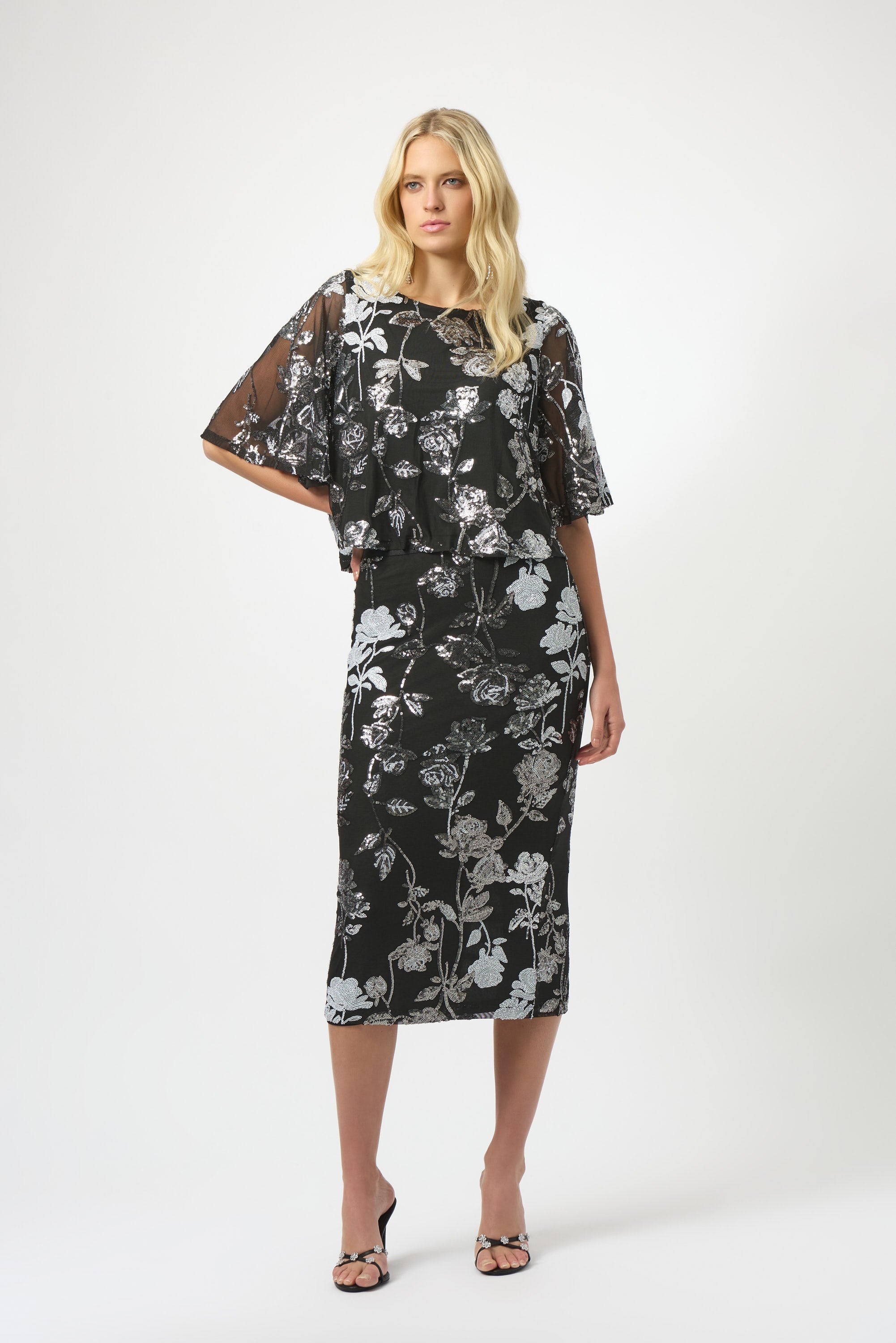 Joseph Ribkoff Sequin Embroidered Floral Print Boxy Top 254181 - Black/ Multi