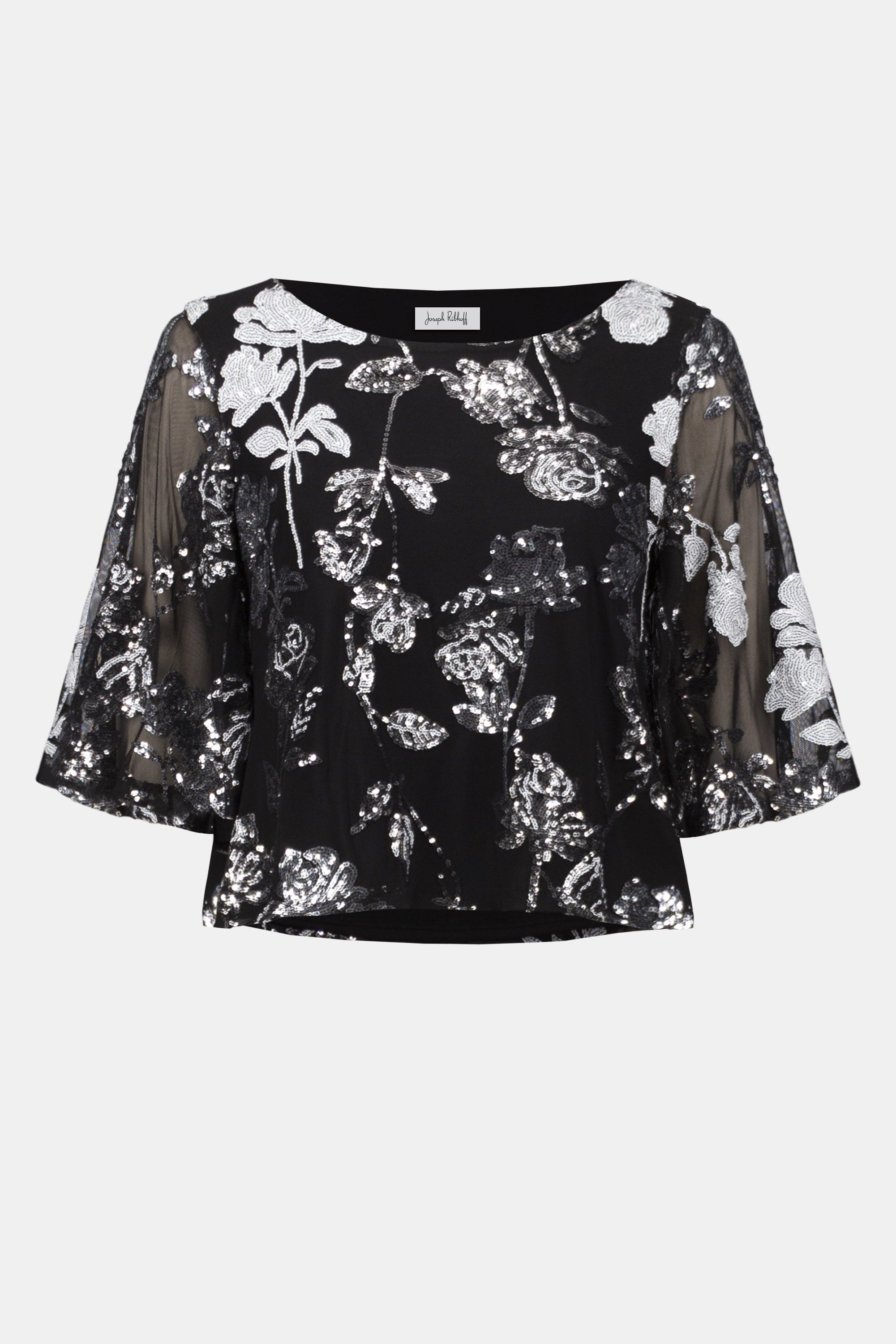 Joseph Ribkoff Sequin Embroidered Floral Print Boxy Top 254181 - Black/ Multi
