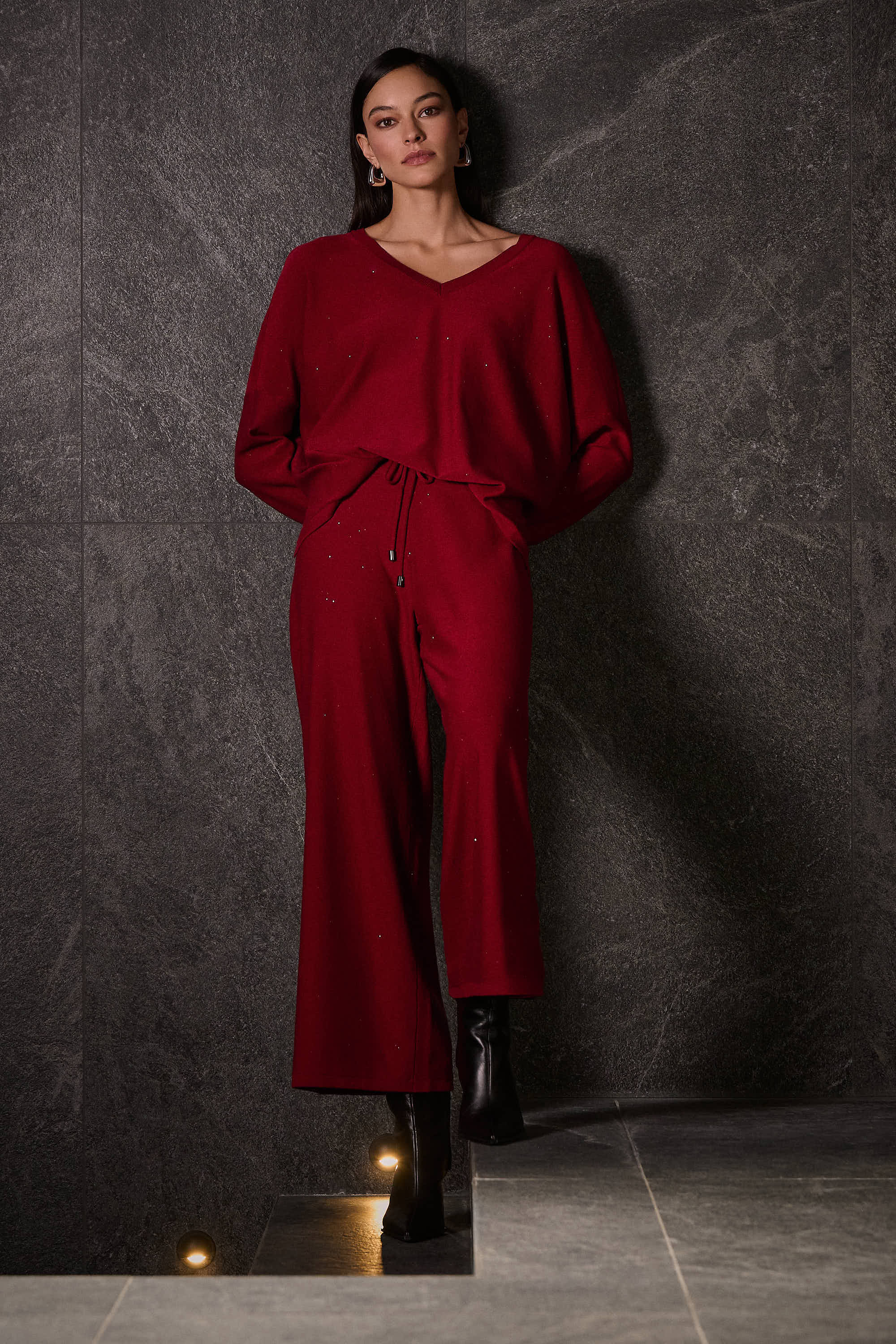 Joseph Ribkoff Sequined Knit Cullotte Pants 244922 - Deep Cherry