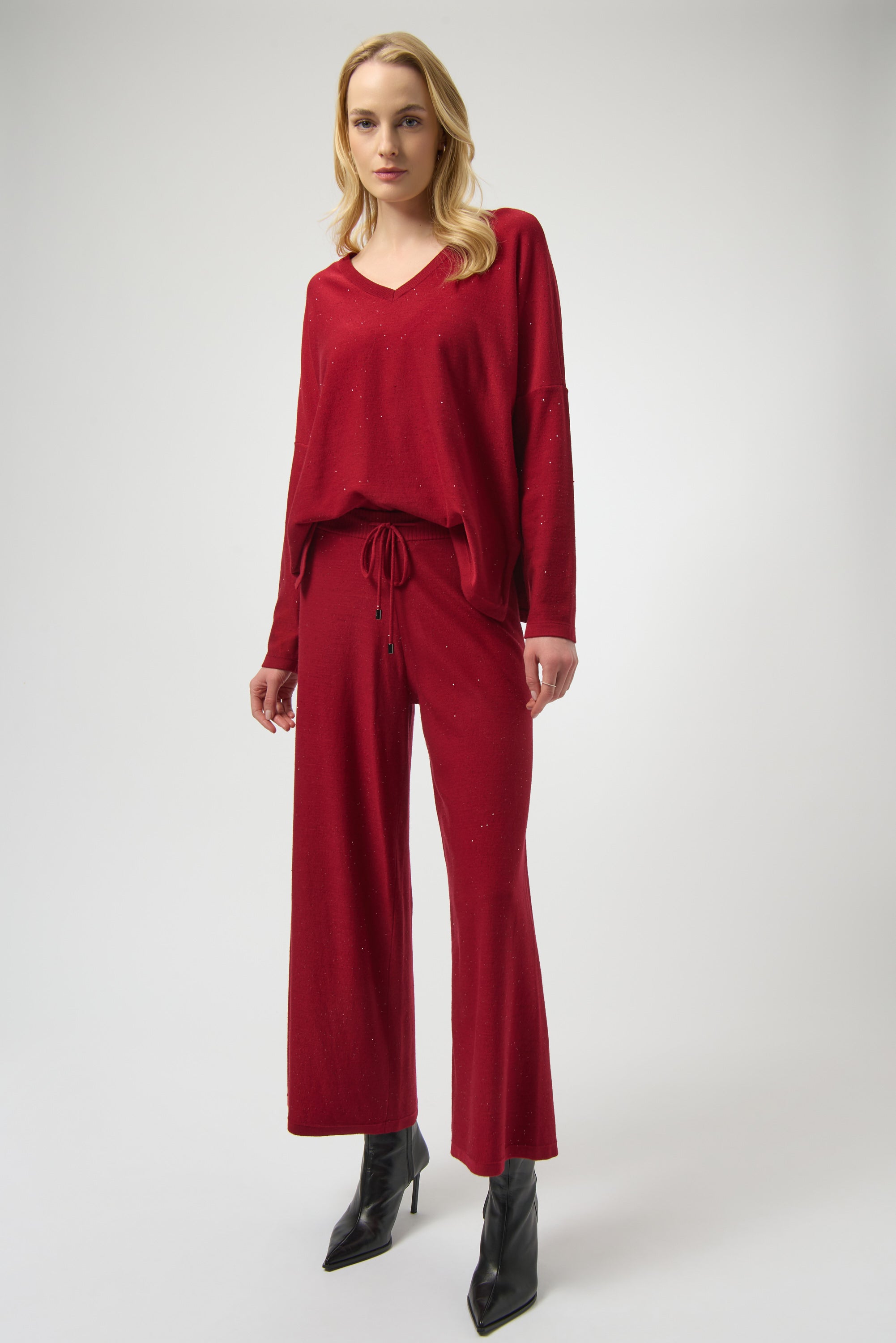 Joseph Ribkoff Sequined Knit Cullotte Pants 244922 - Deep Cherry