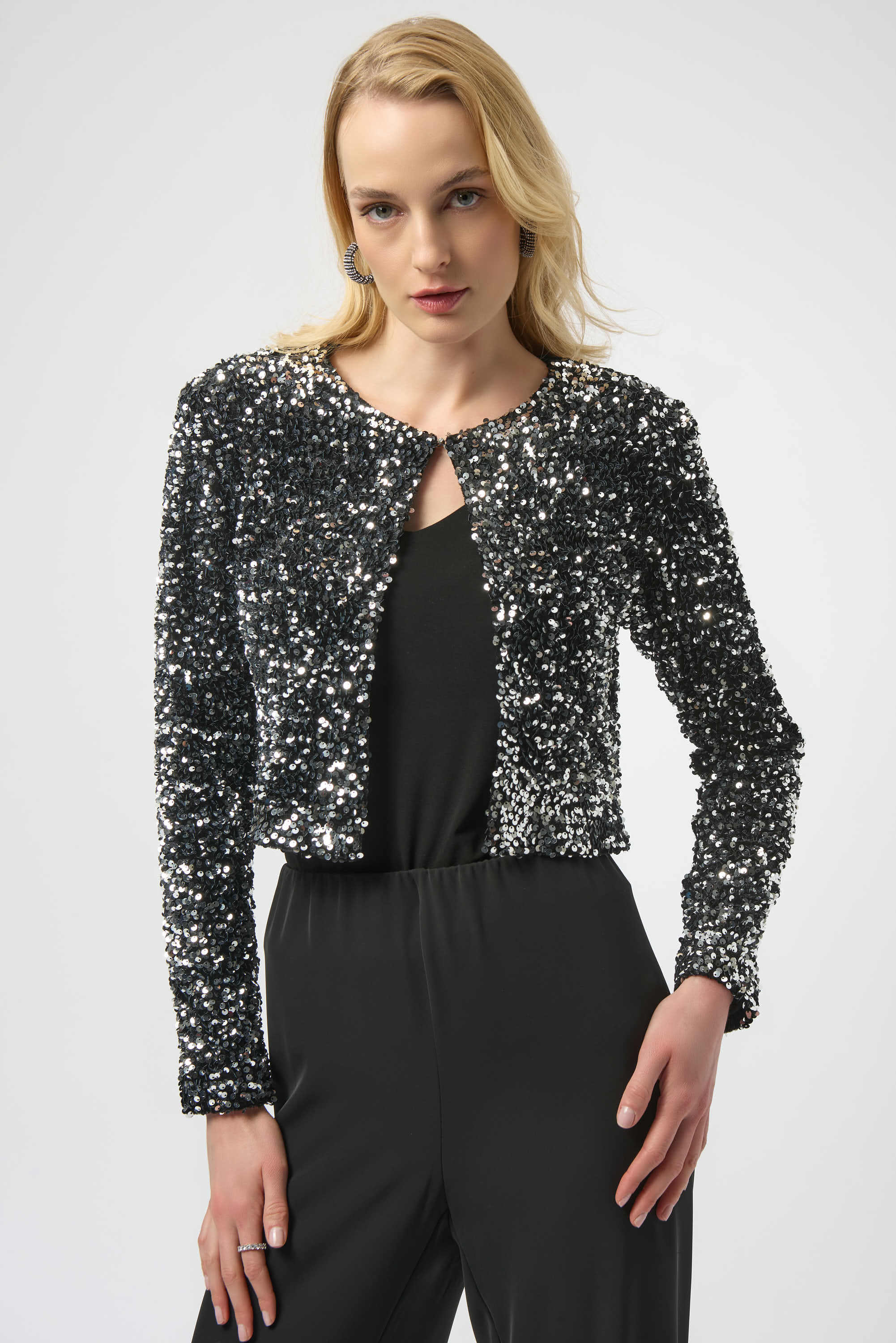 Joseph Ribkoff Sequined Velvet Cropped Cover Up 254930 - Black/ Silver