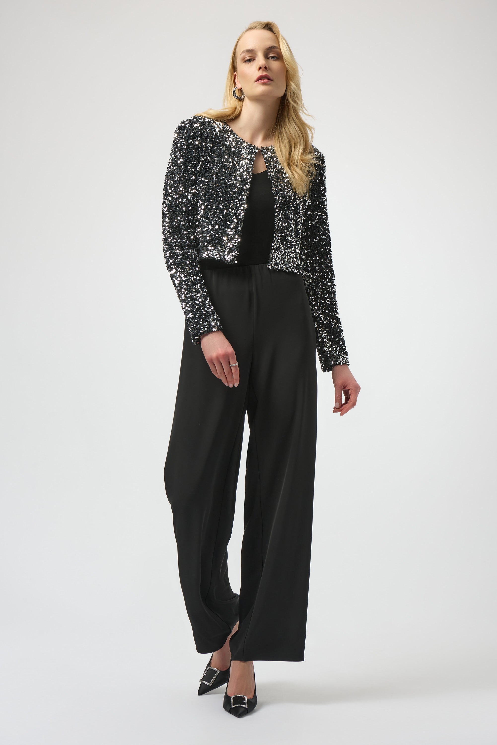 Joseph Ribkoff Sequined Velvet Cropped Cover Up 254930 - Black/ Silver