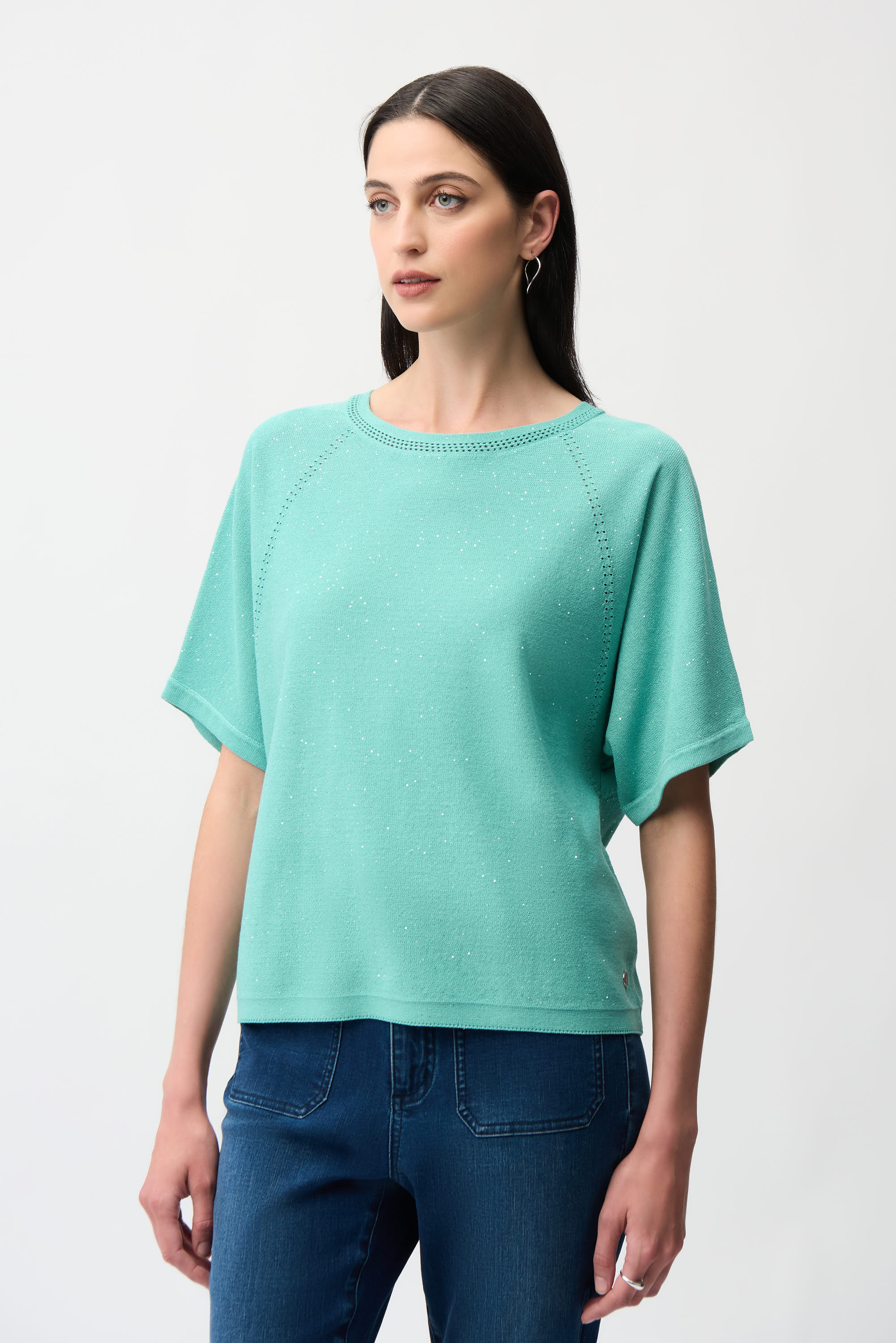 Joseph Ribkoff Sequin Short Sleeve Sweater 261917 - Seafoam