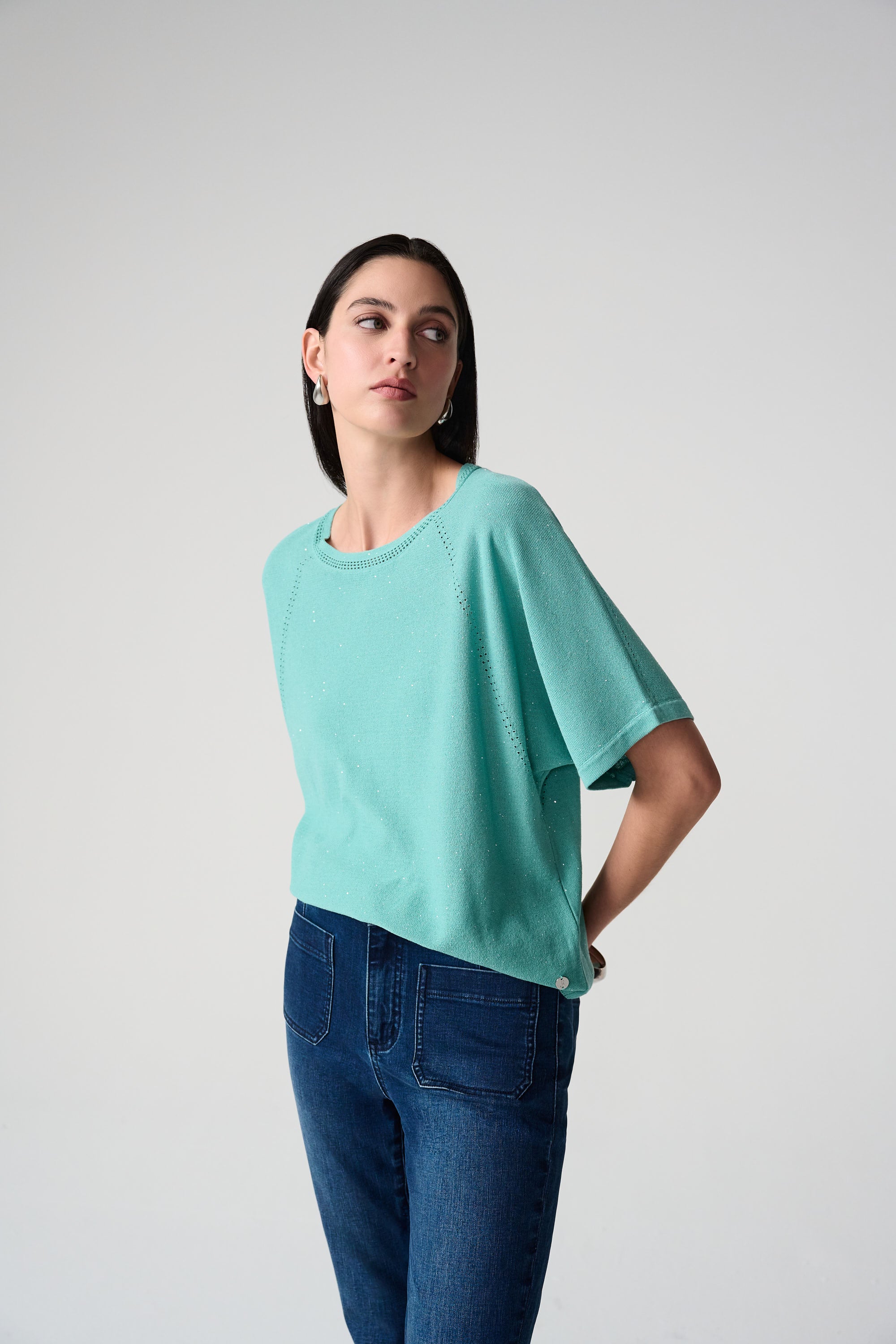 Joseph Ribkoff Sequin Short Sleeve Sweater 261917 - Seafoam