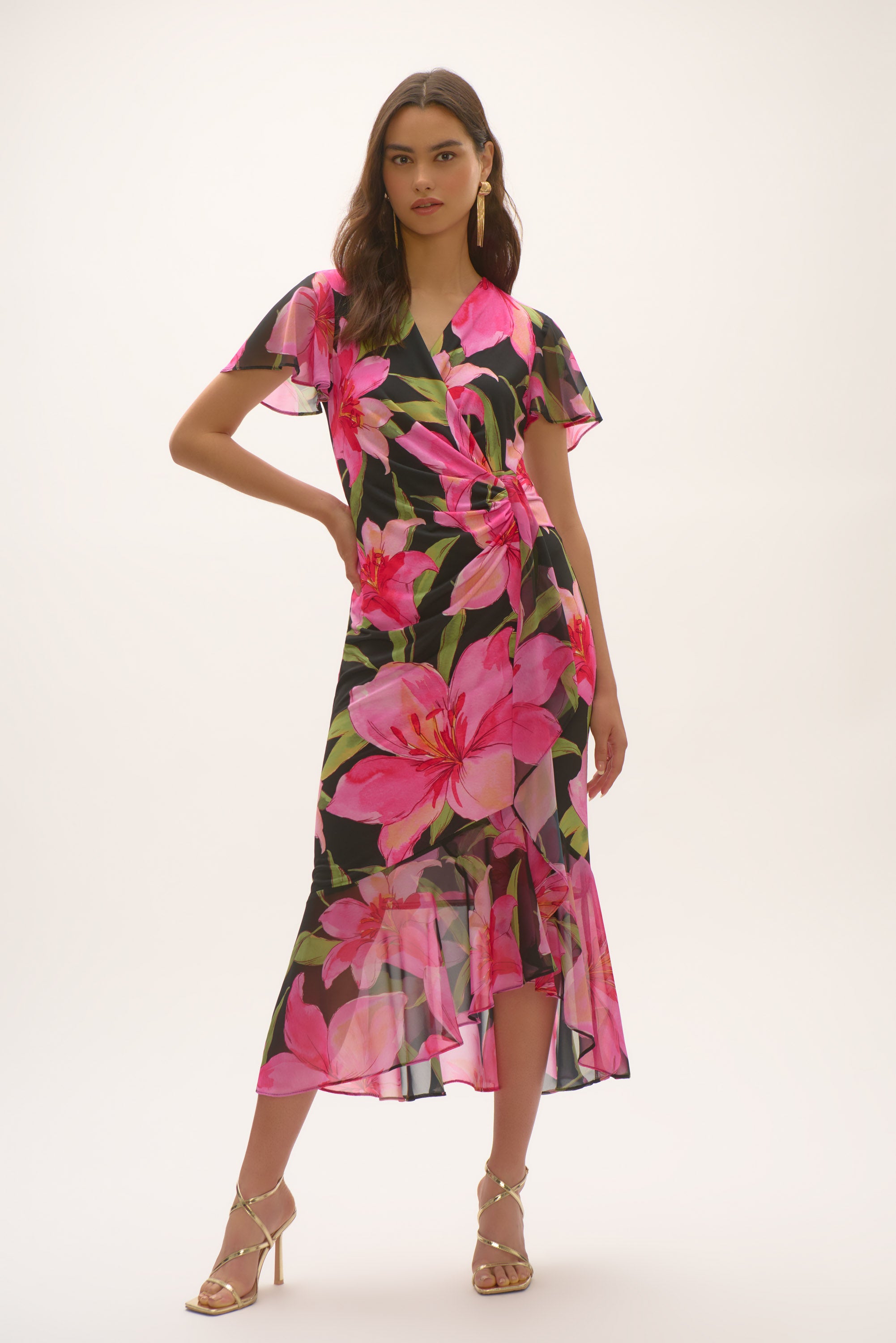 Joseph Ribkoff Signature Chiffon Floral Print Wrap Dress 252714 - Black/ Multi