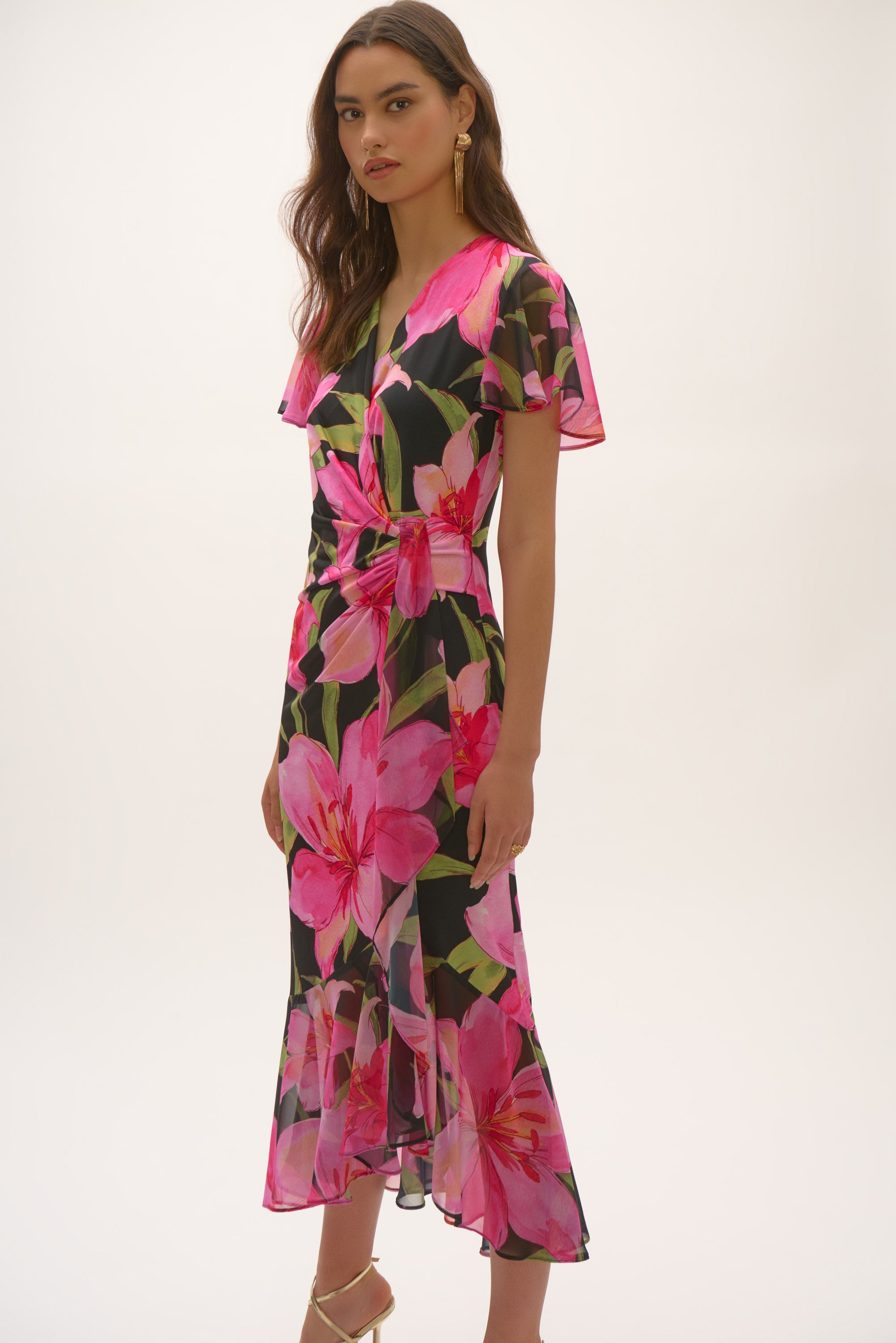 Joseph Ribkoff Signature Chiffon Floral Print Wrap Dress 252714 - Black/ Multi