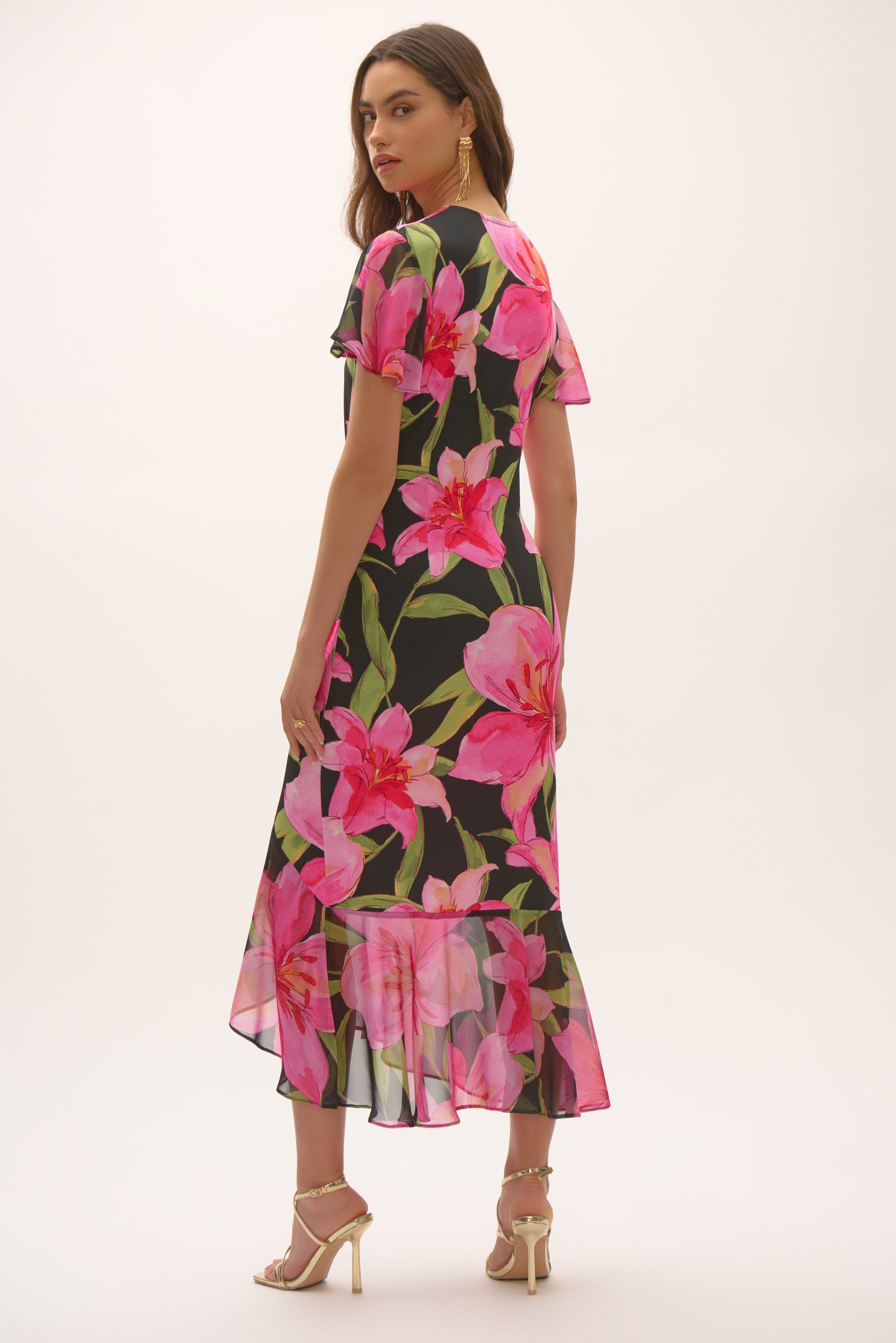 Joseph Ribkoff Signature Chiffon Floral Print Wrap Dress 252714 - Black/ Multi
