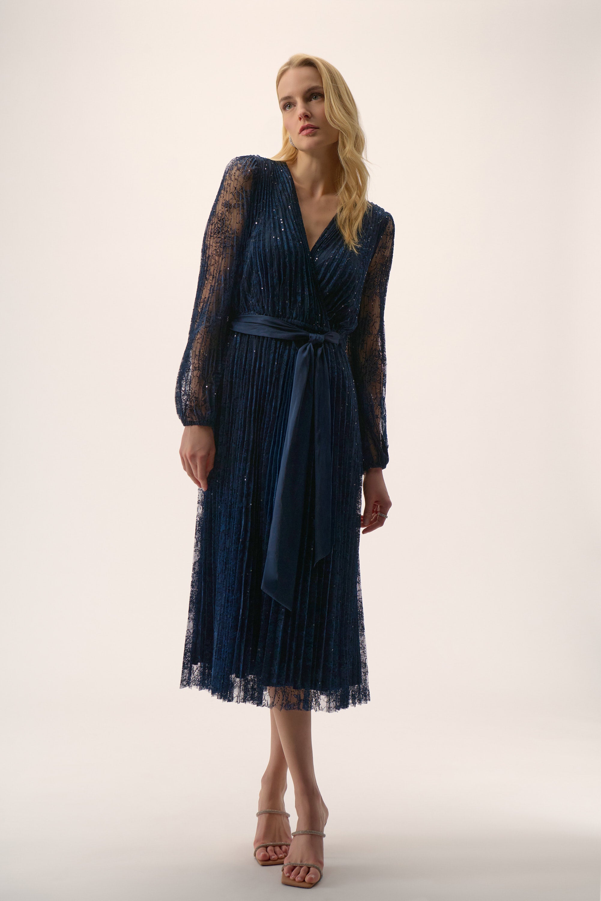 Joseph Ribkoff Signature Sequined Pleated Lace Fit & Flare Dress 254721 - Midnight Blue