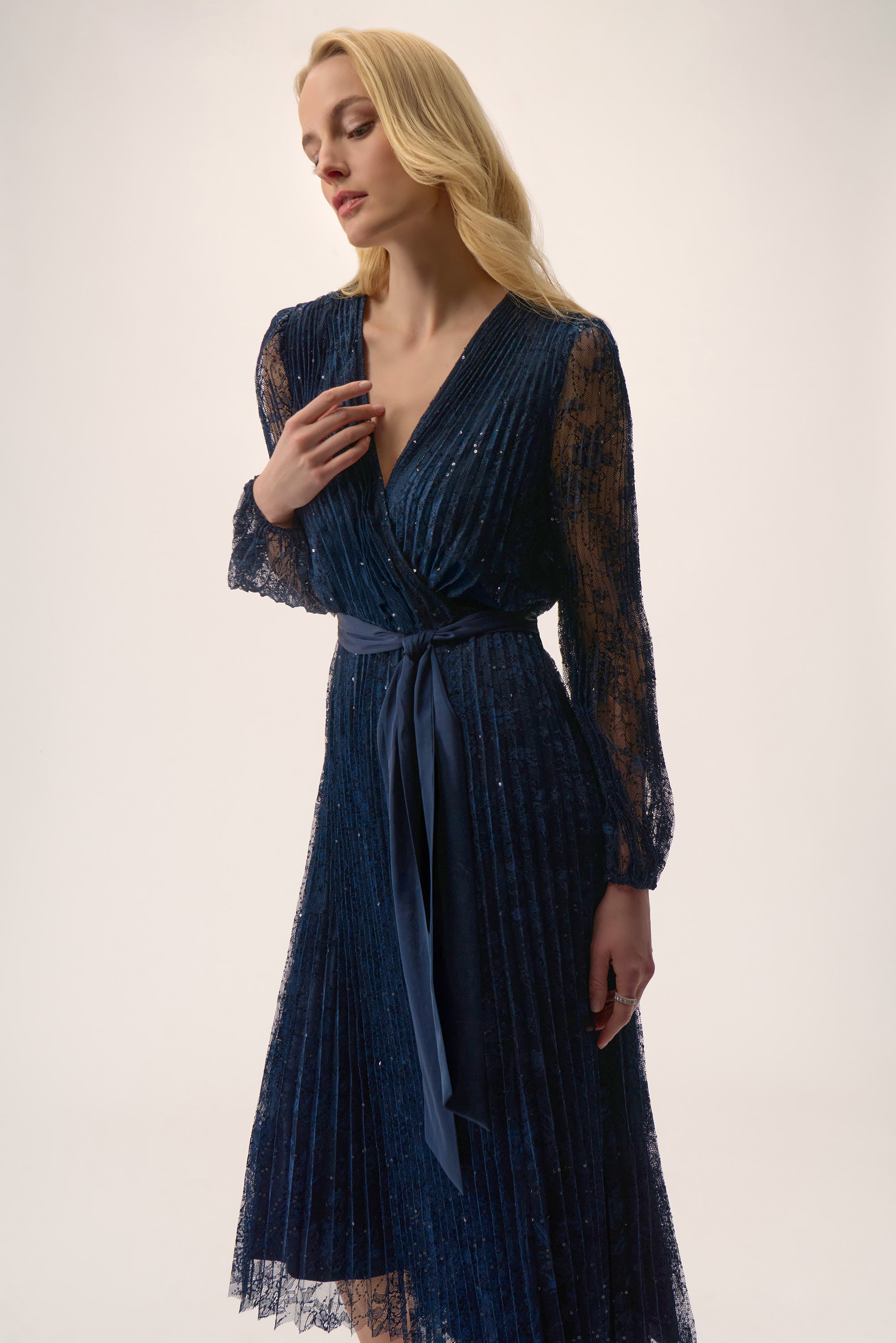 Joseph Ribkoff Signature Sequined Pleated Lace Fit & Flare Dress 254721 - Midnight Blue