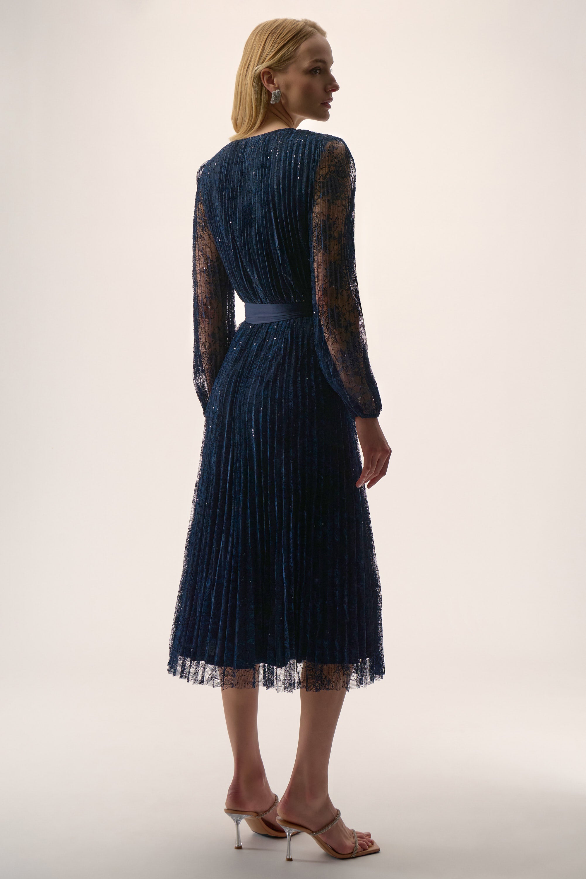 Joseph Ribkoff Signature Sequined Pleated Lace Fit & Flare Dress 254721 - Midnight Blue