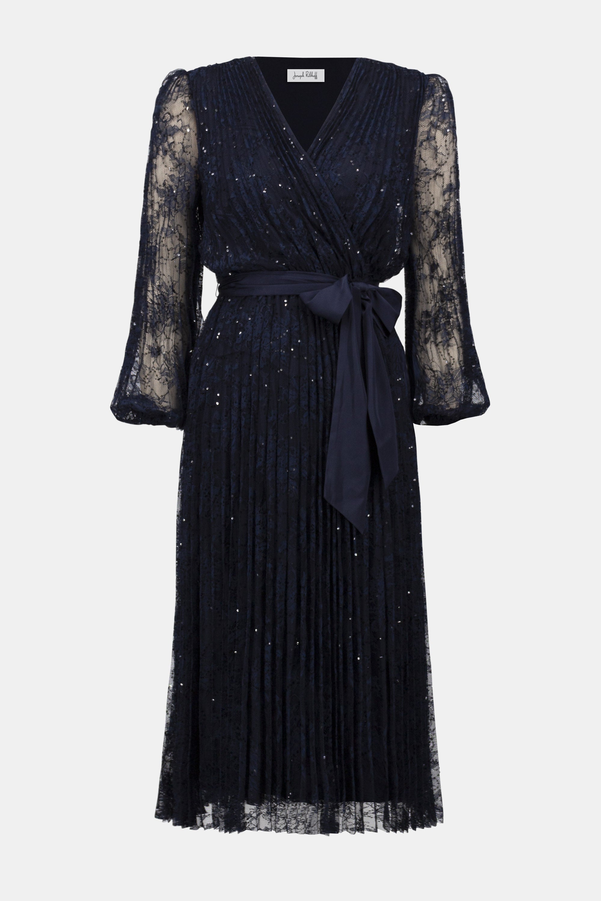 Joseph Ribkoff Signature Sequined Pleated Lace Fit & Flare Dress 254721 - Midnight Blue