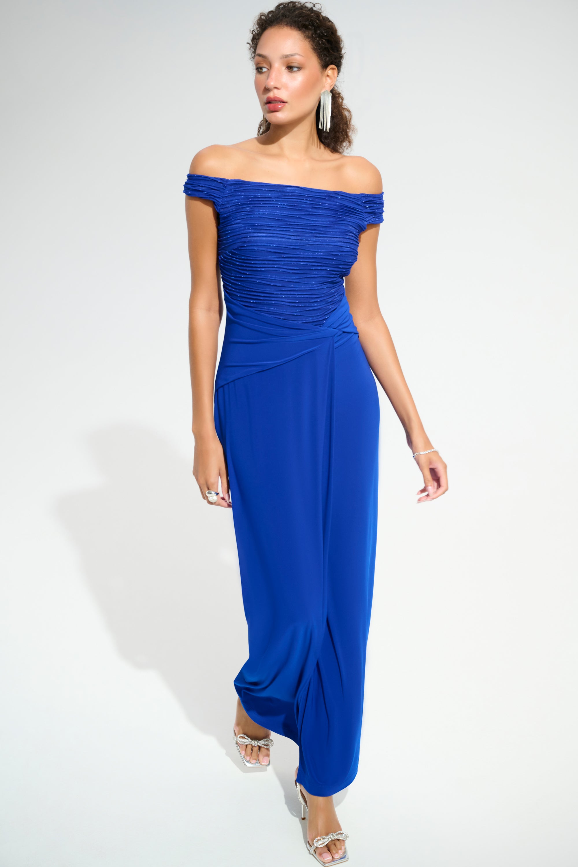 Joseph Ribkoff Signature Cascade Off Shoulder Sheath Gown 261733 - Royal Saphire