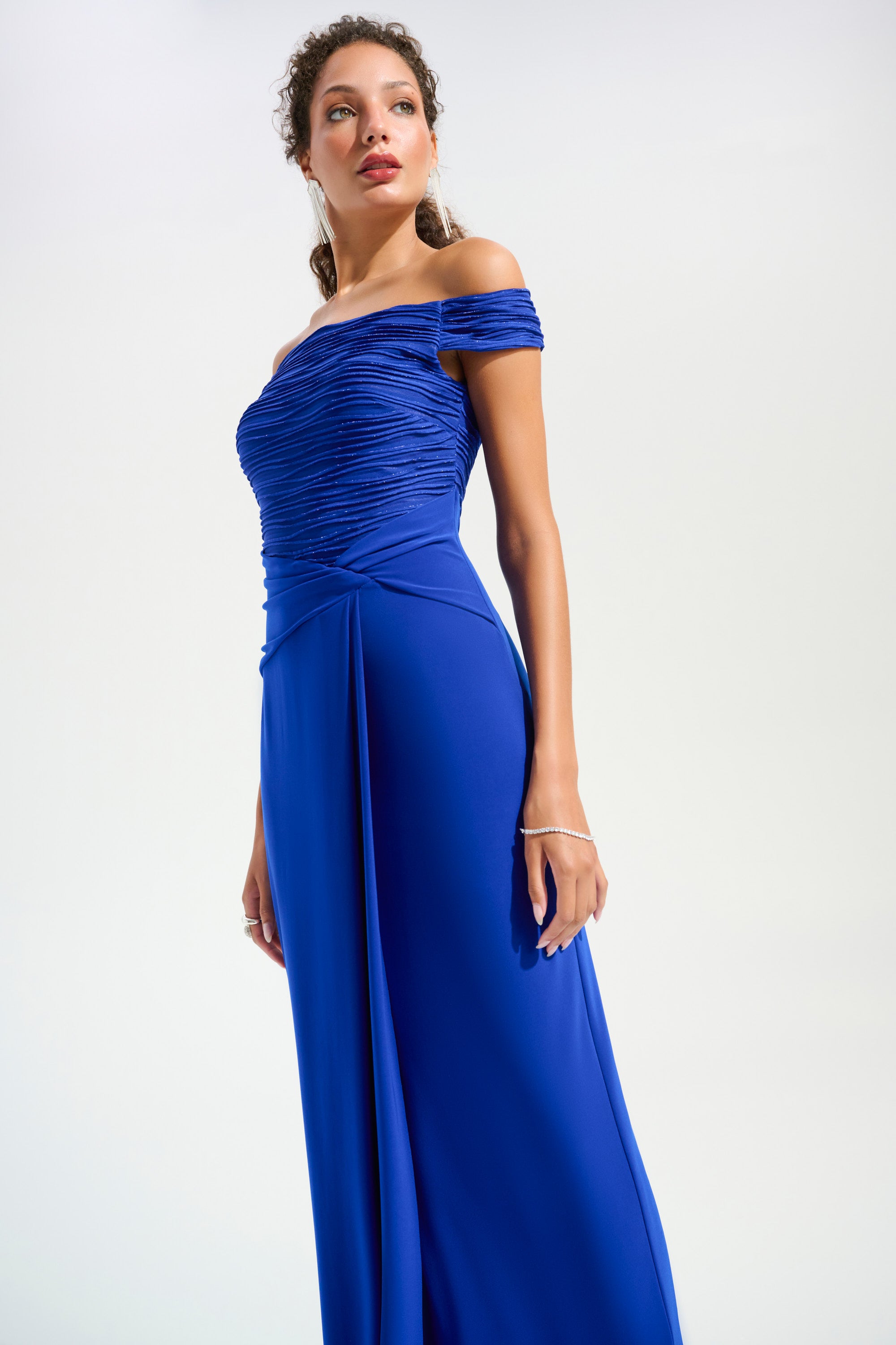 Joseph Ribkoff Signature Cascade Off Shoulder Sheath Gown 261733 - Royal Saphire