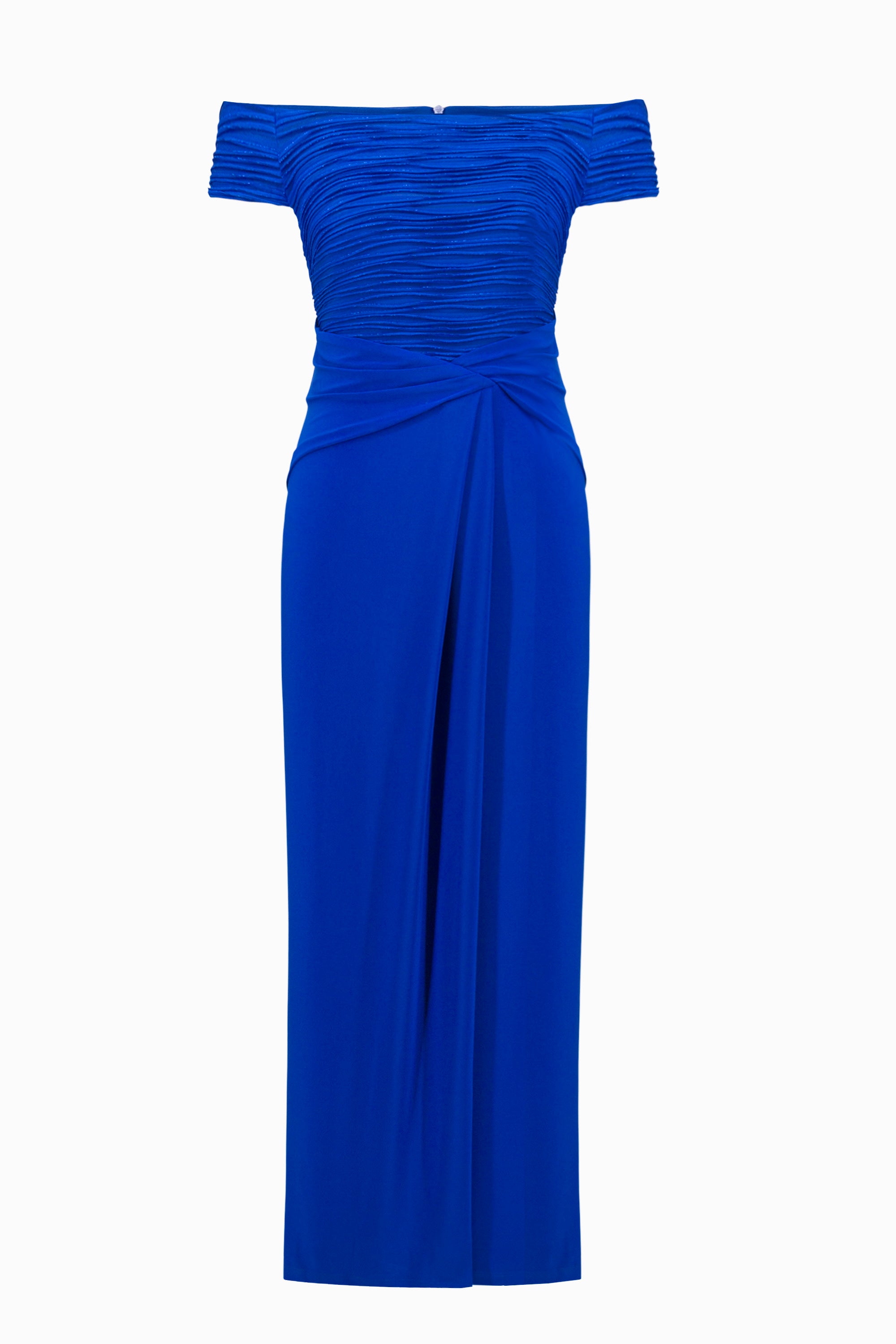Joseph Ribkoff Signature Cascade Off Shoulder Sheath Gown 261733 - Royal Saphire