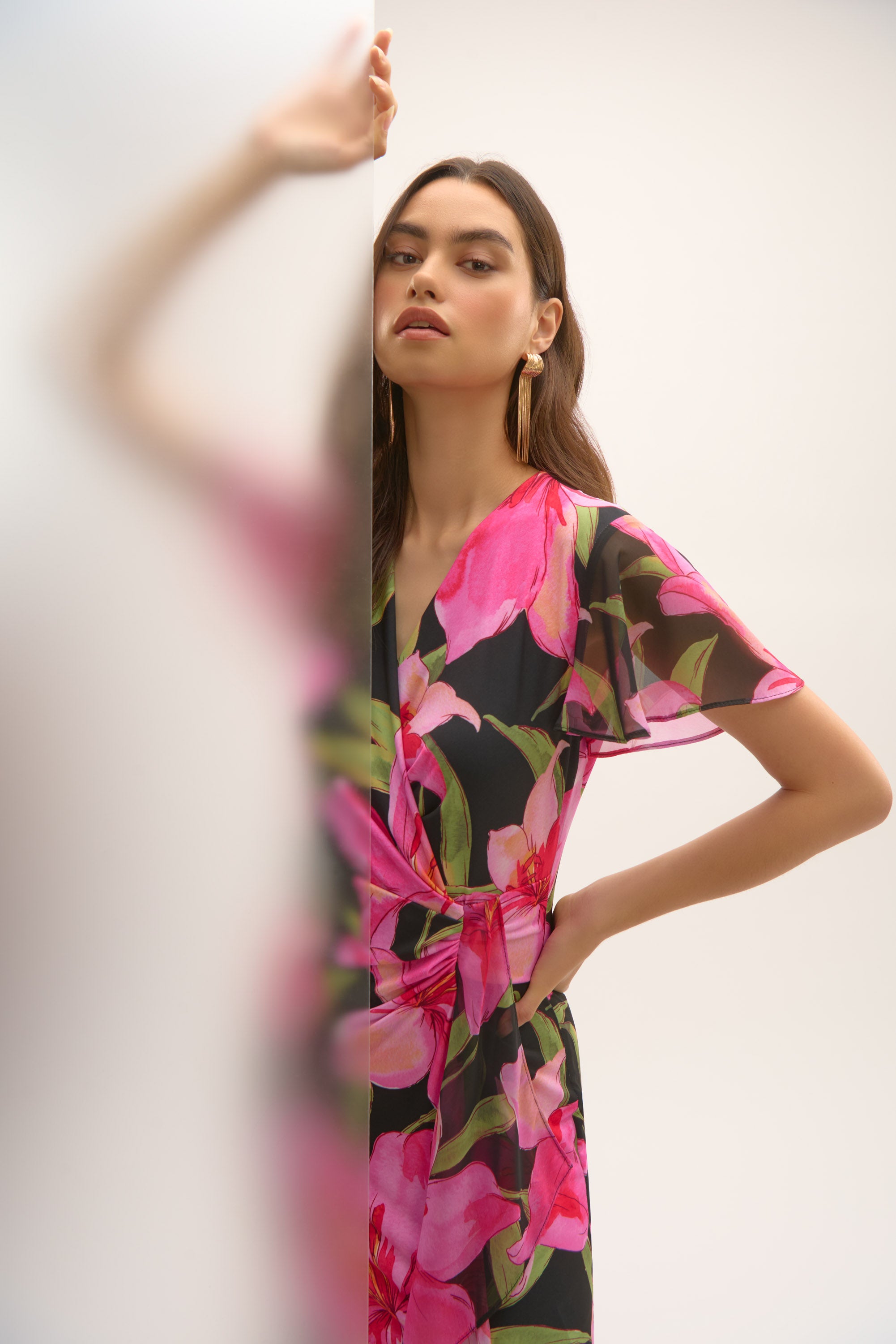 Joseph Ribkoff Signature Chiffon Floral Print Wrap Dress 252714 - Black/ Multi