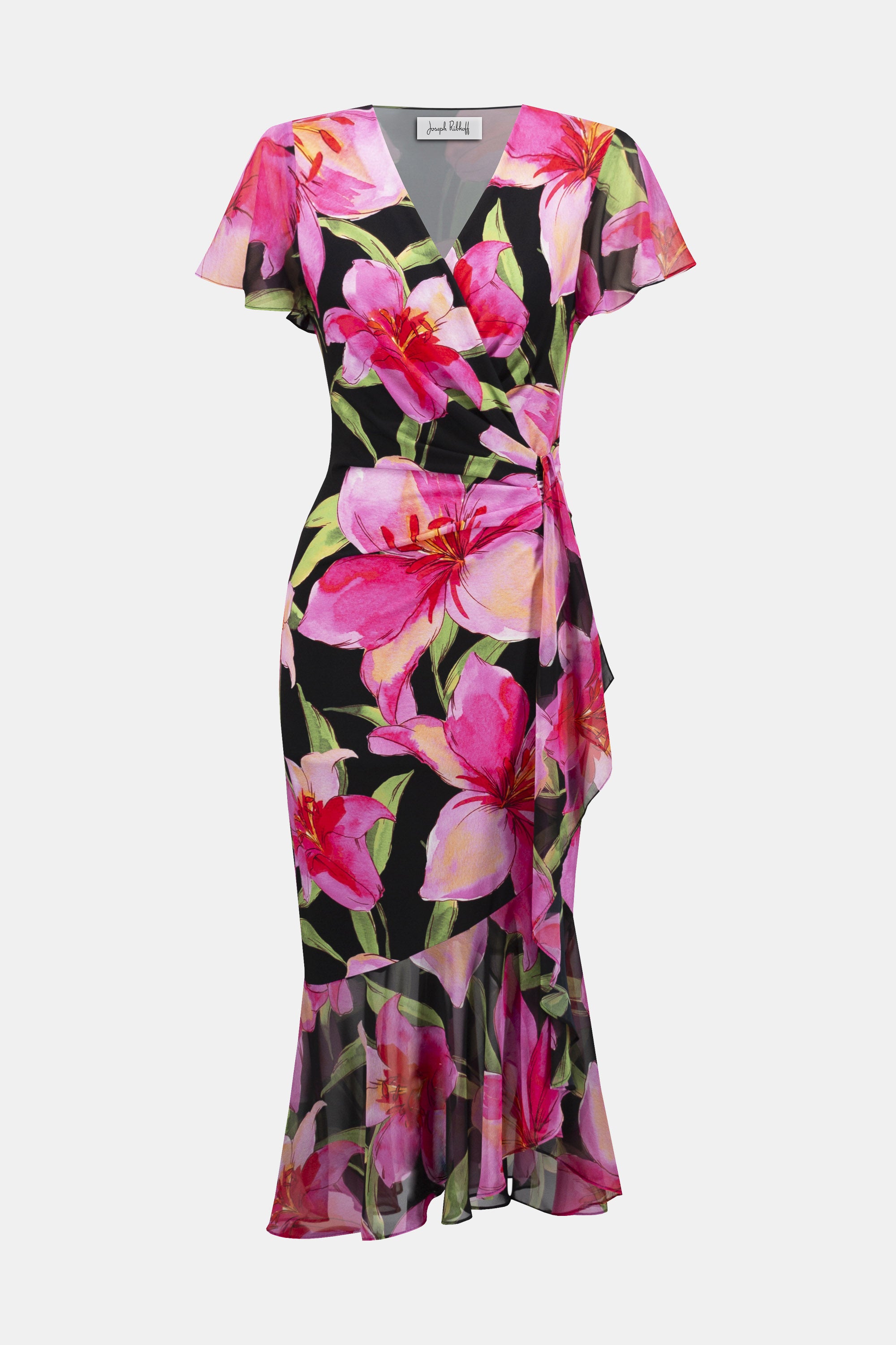 Joseph Ribkoff Signature Chiffon Floral Print Wrap Dress 252714 - Black/ Multi