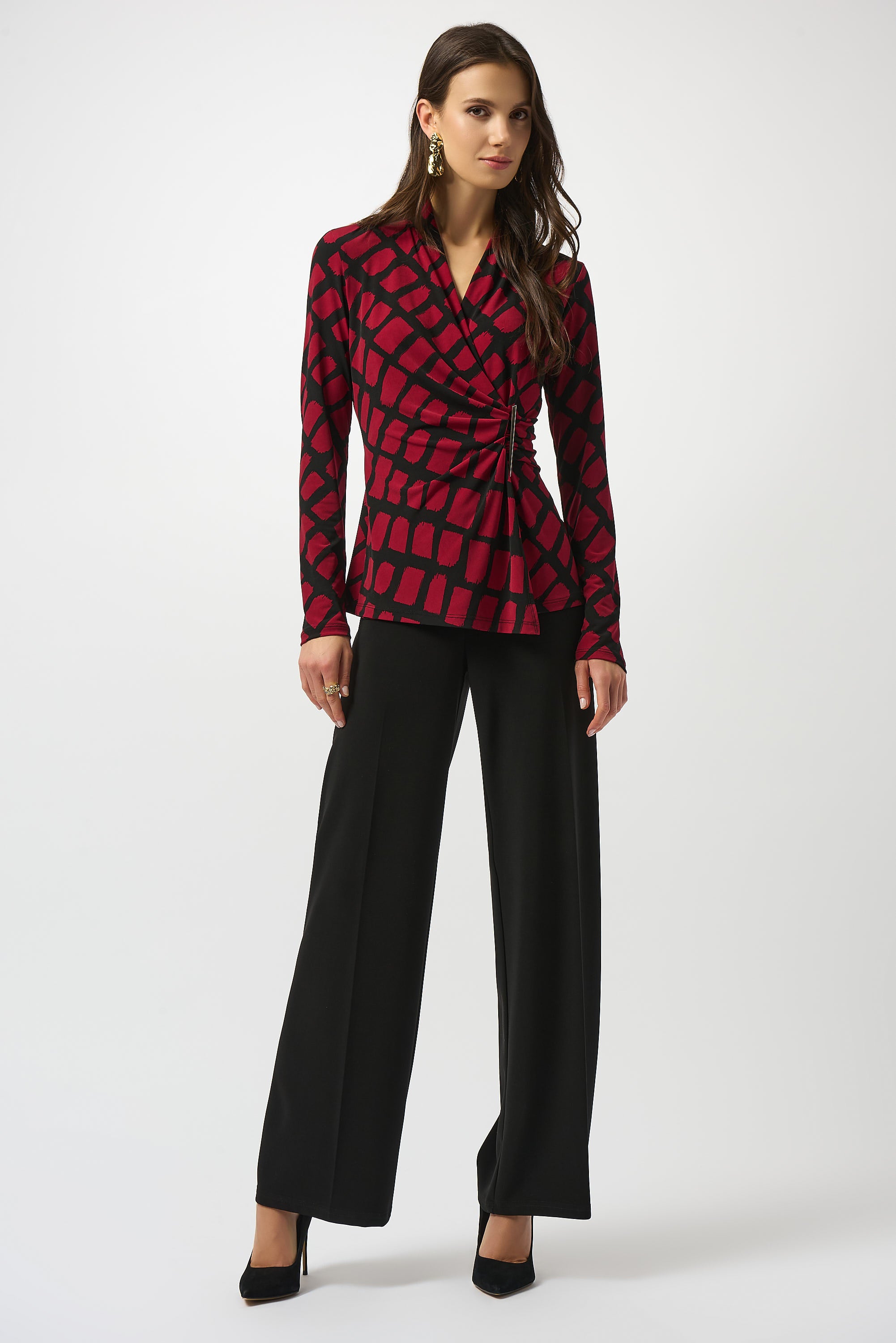 Joseph Ribkoff Geometric Print Fitted Wrap Top 253139 - Black/ Red