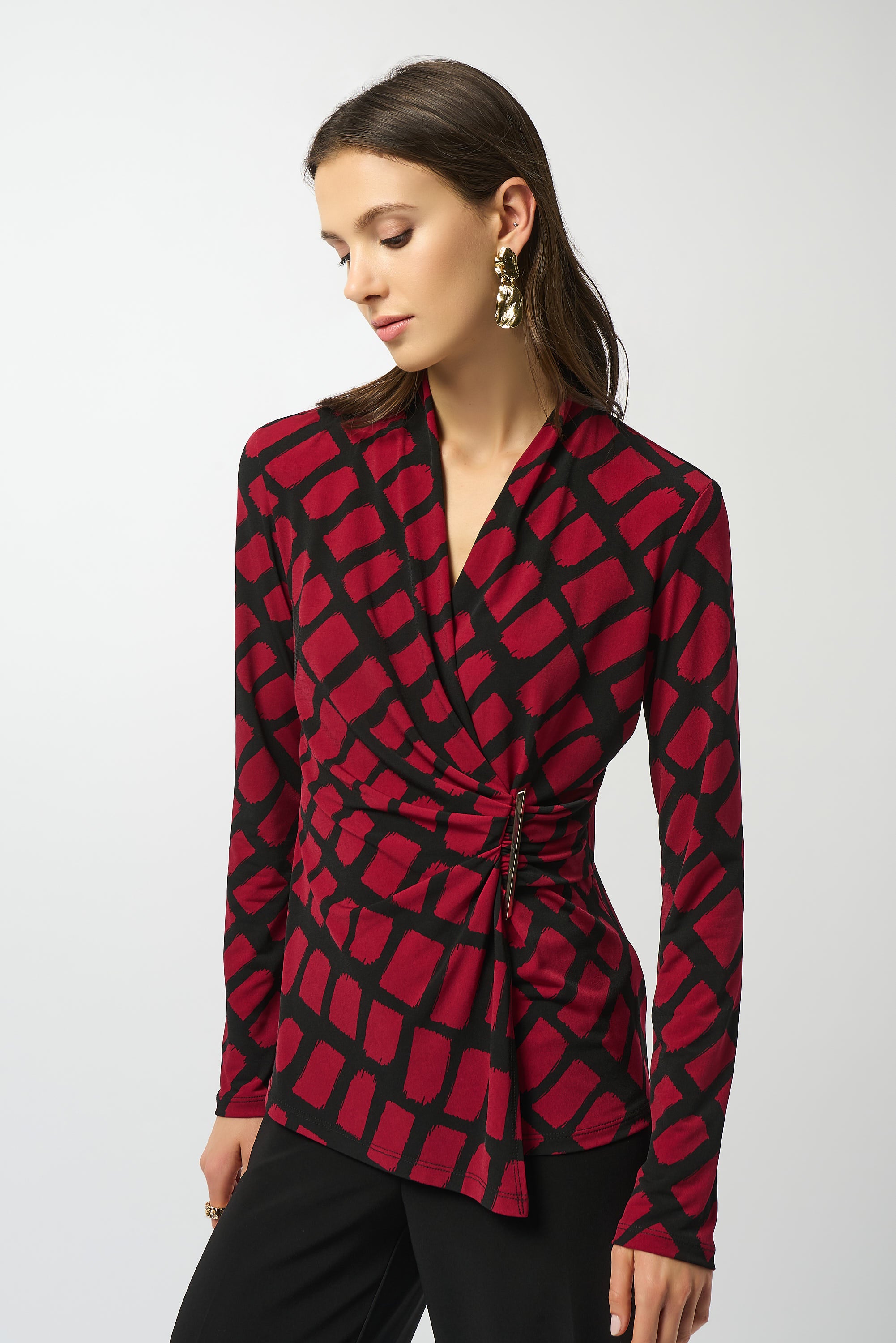 Joseph Ribkoff Geometric Print Fitted Wrap Top 253139 - Black/ Red