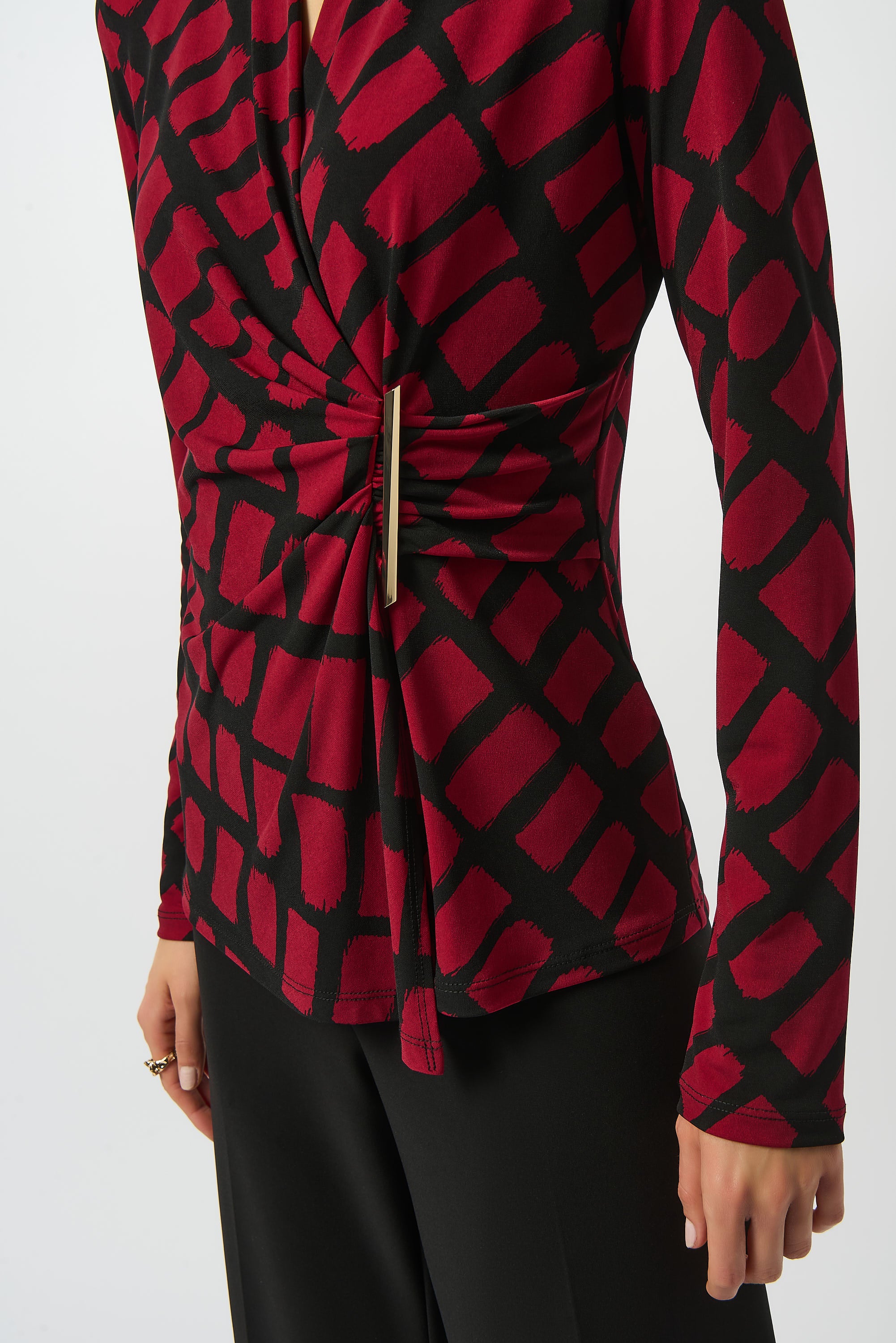 Joseph Ribkoff Geometric Print Fitted Wrap Top 253139 - Black/ Red