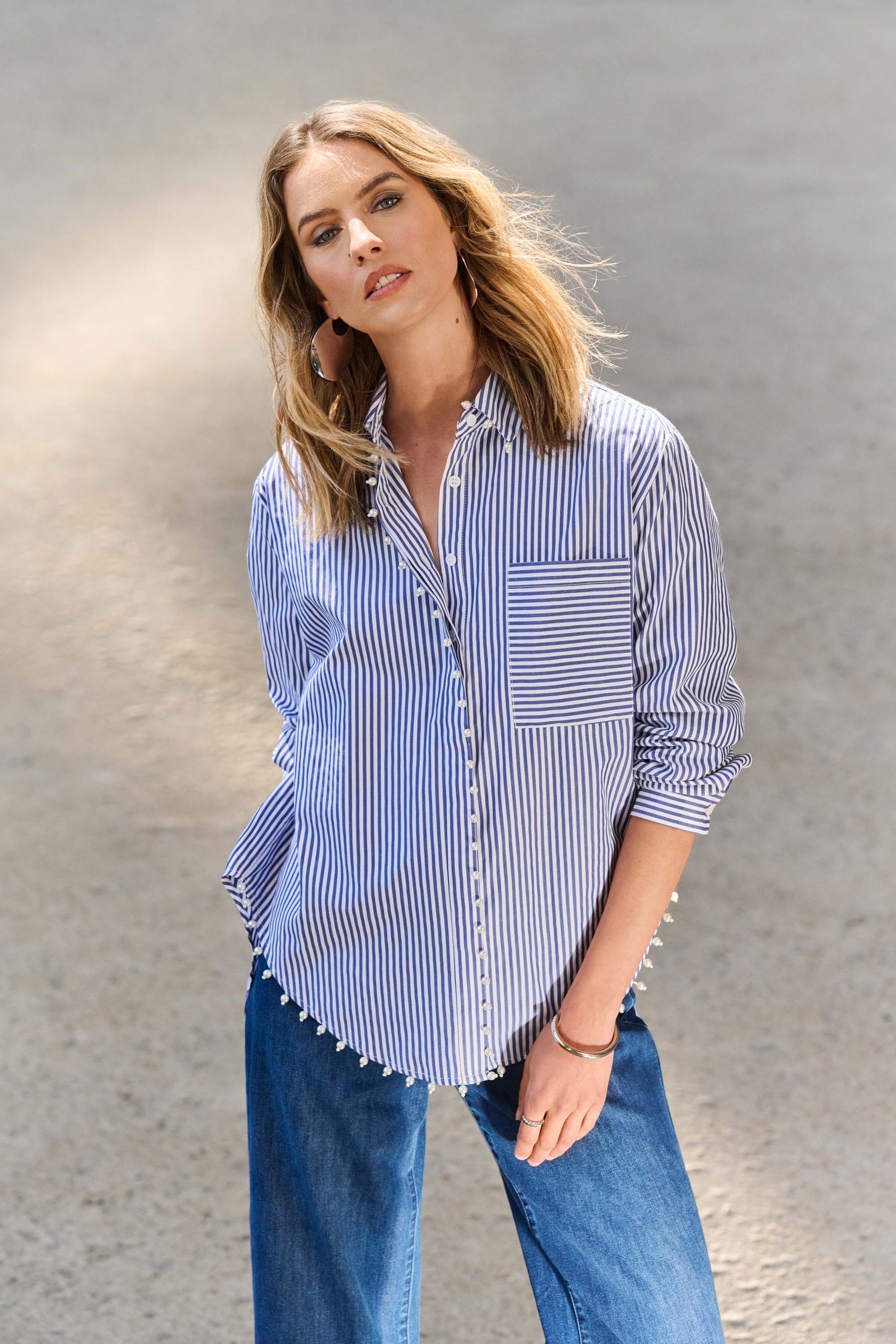 Joseph Ribkoff Striped Stretch Cotton Shirt 251942 - Blue/ White