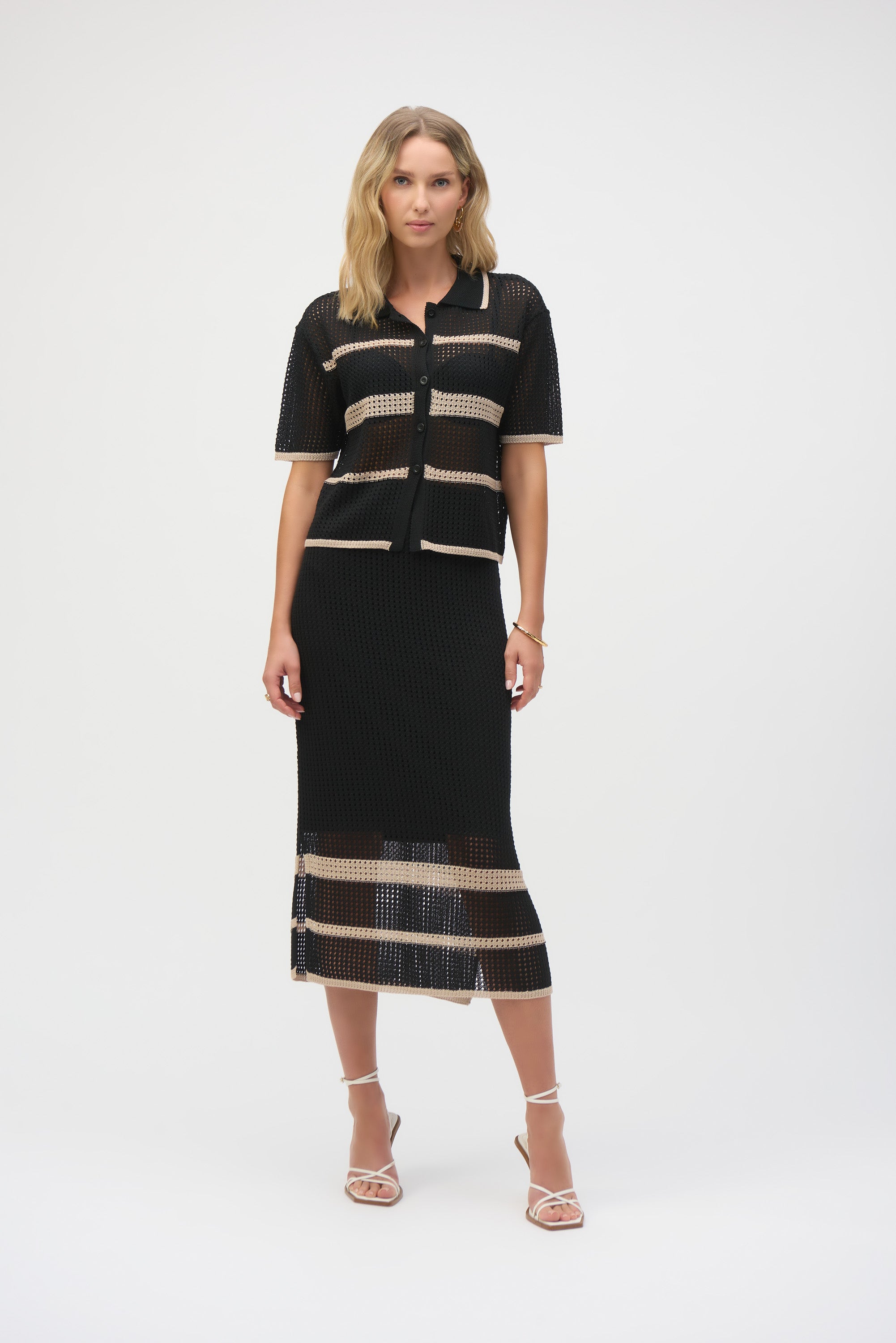 Joseph Ribkoff Knit Open Stitch Stripe Cover Up 252924 - Black/ Parchment